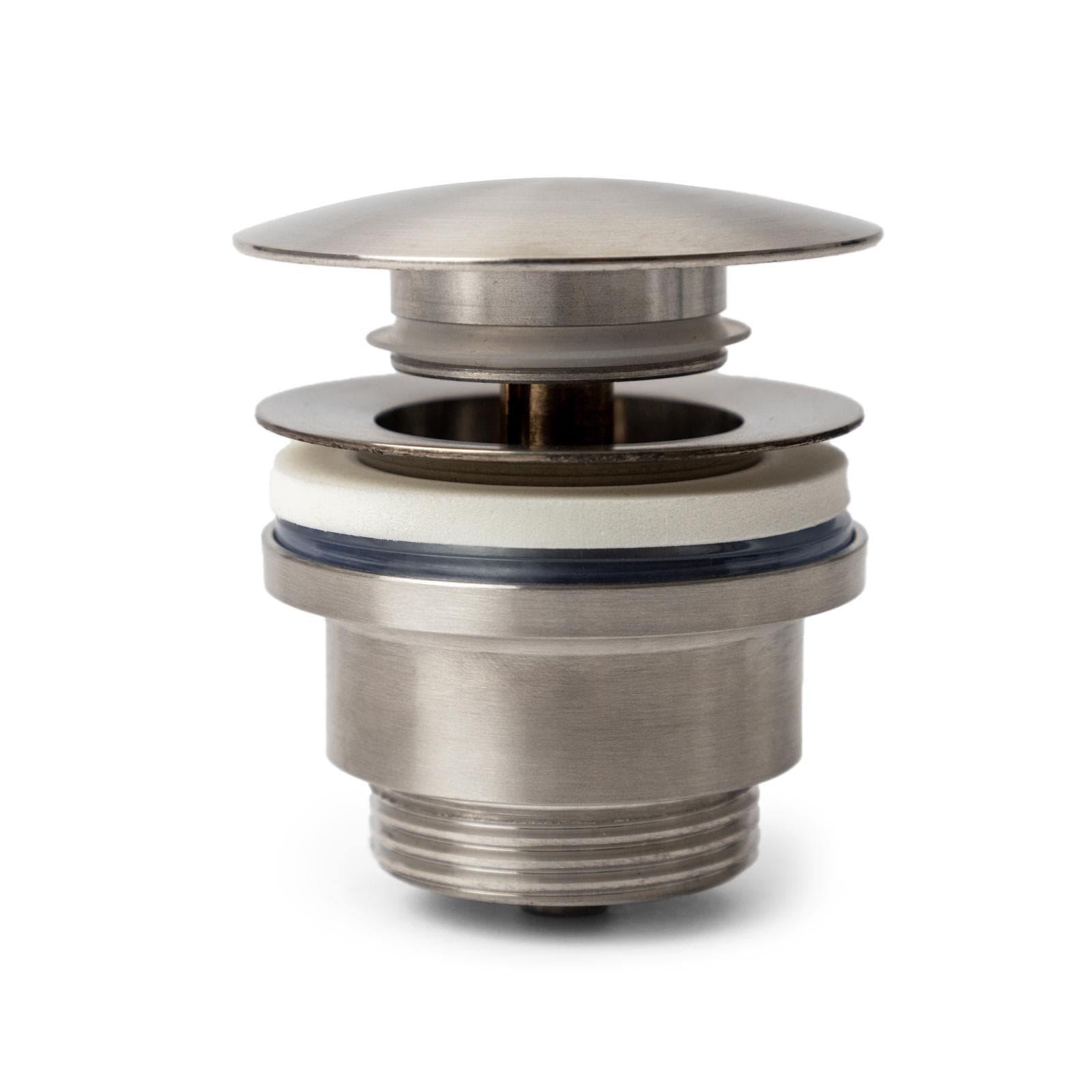Piletta click-clack universale per lavabo e bidet con vite di fissaggio in acciaio inox 316 satinato