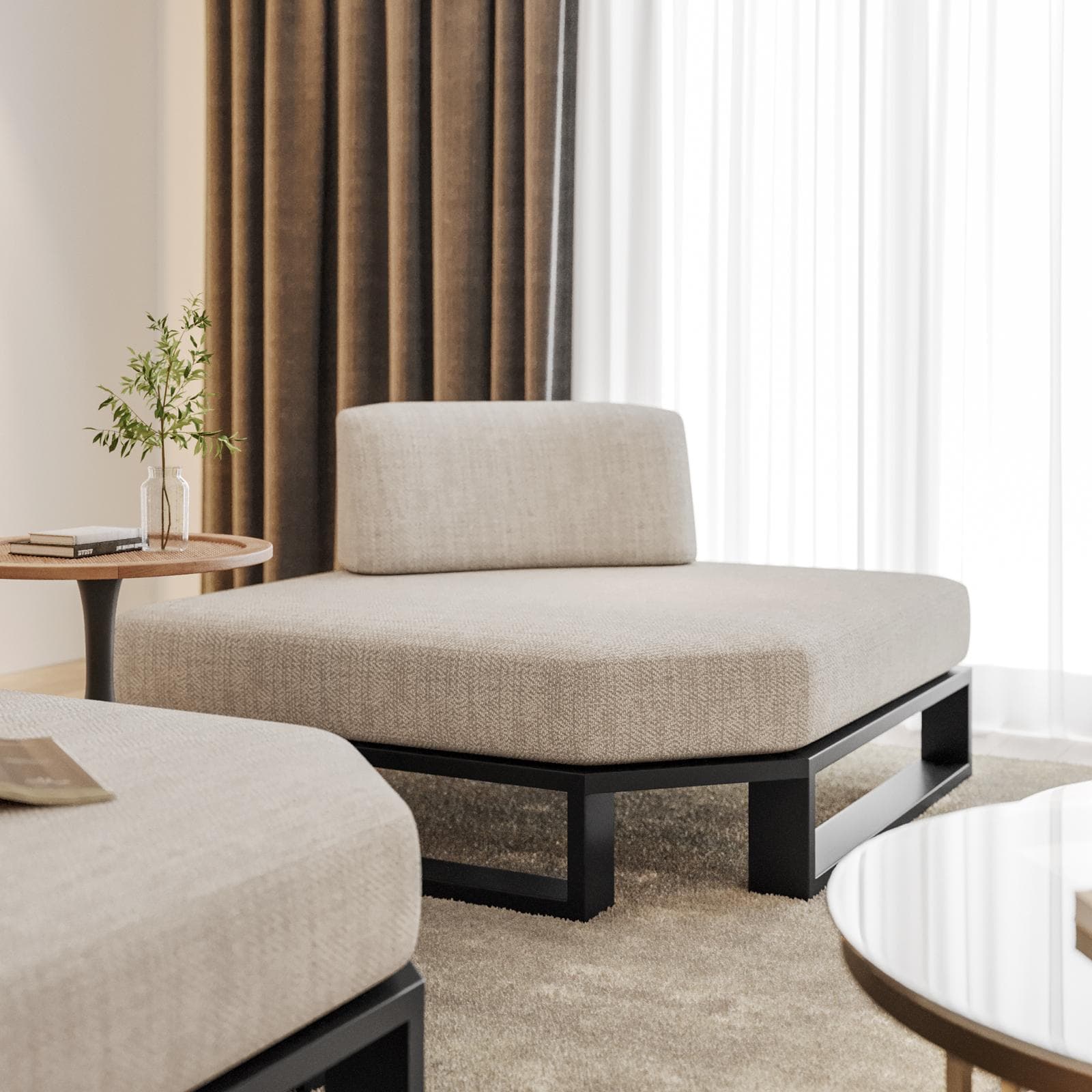 Poltrona angolare in tessuto olefin beige e alluminio antracite - Haven
