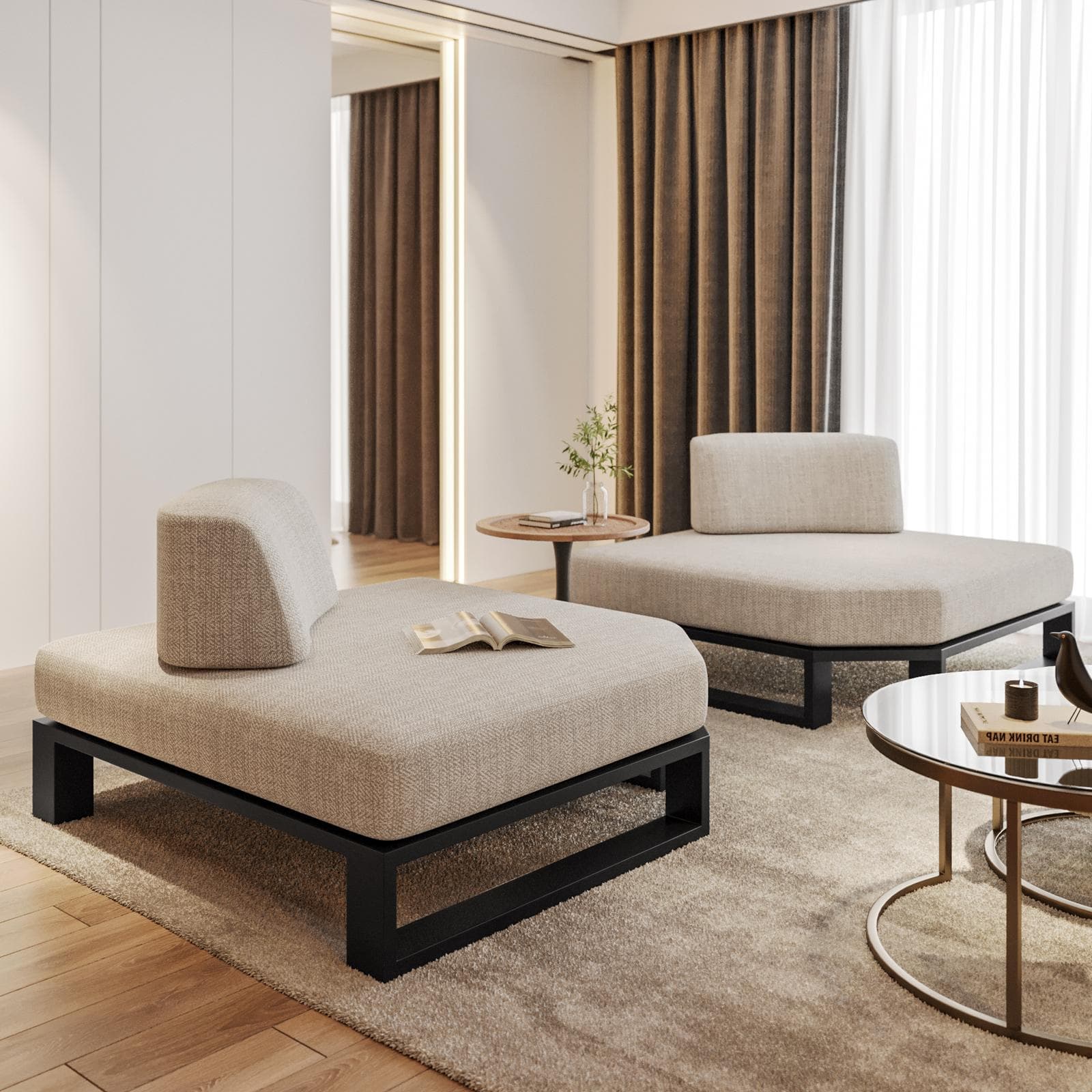 Poltrona angolare in tessuto olefin beige e alluminio antracite - Haven