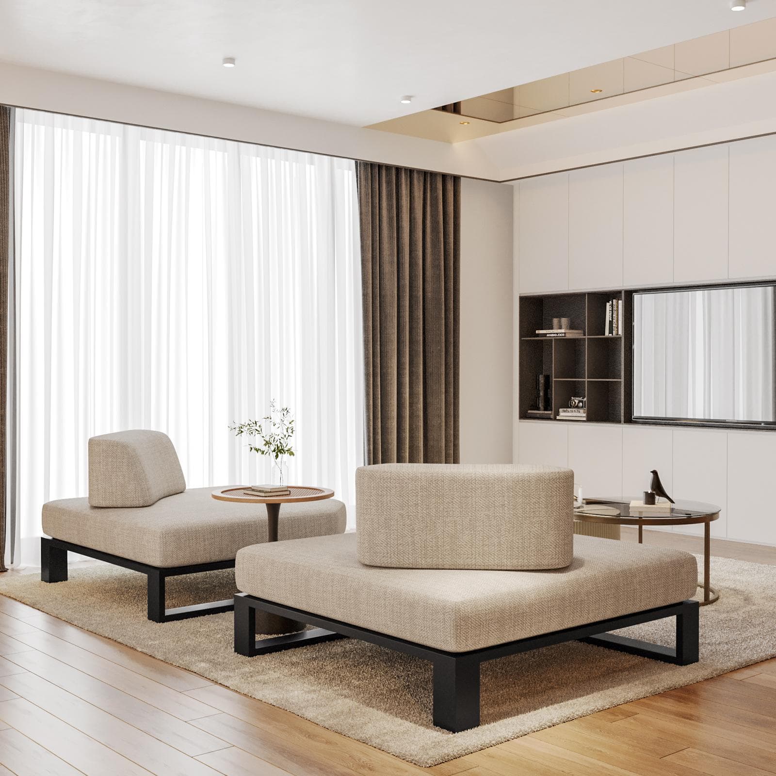 Poltrona angolare in tessuto olefin beige e alluminio antracite - Haven
