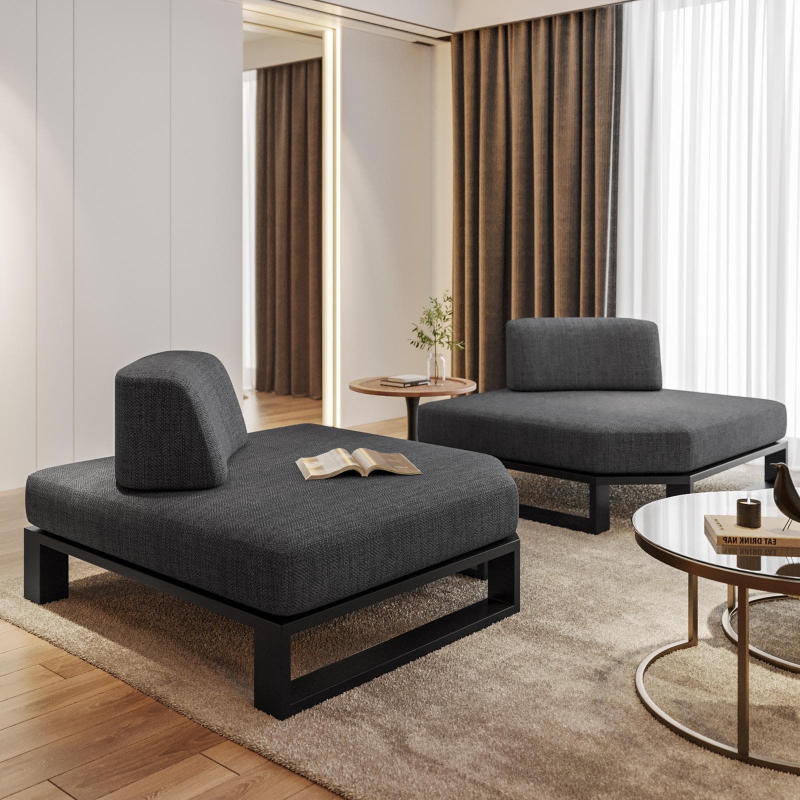Poltrona angolare in tessuto olefin grigio scuro e alluminio antracite - Haven