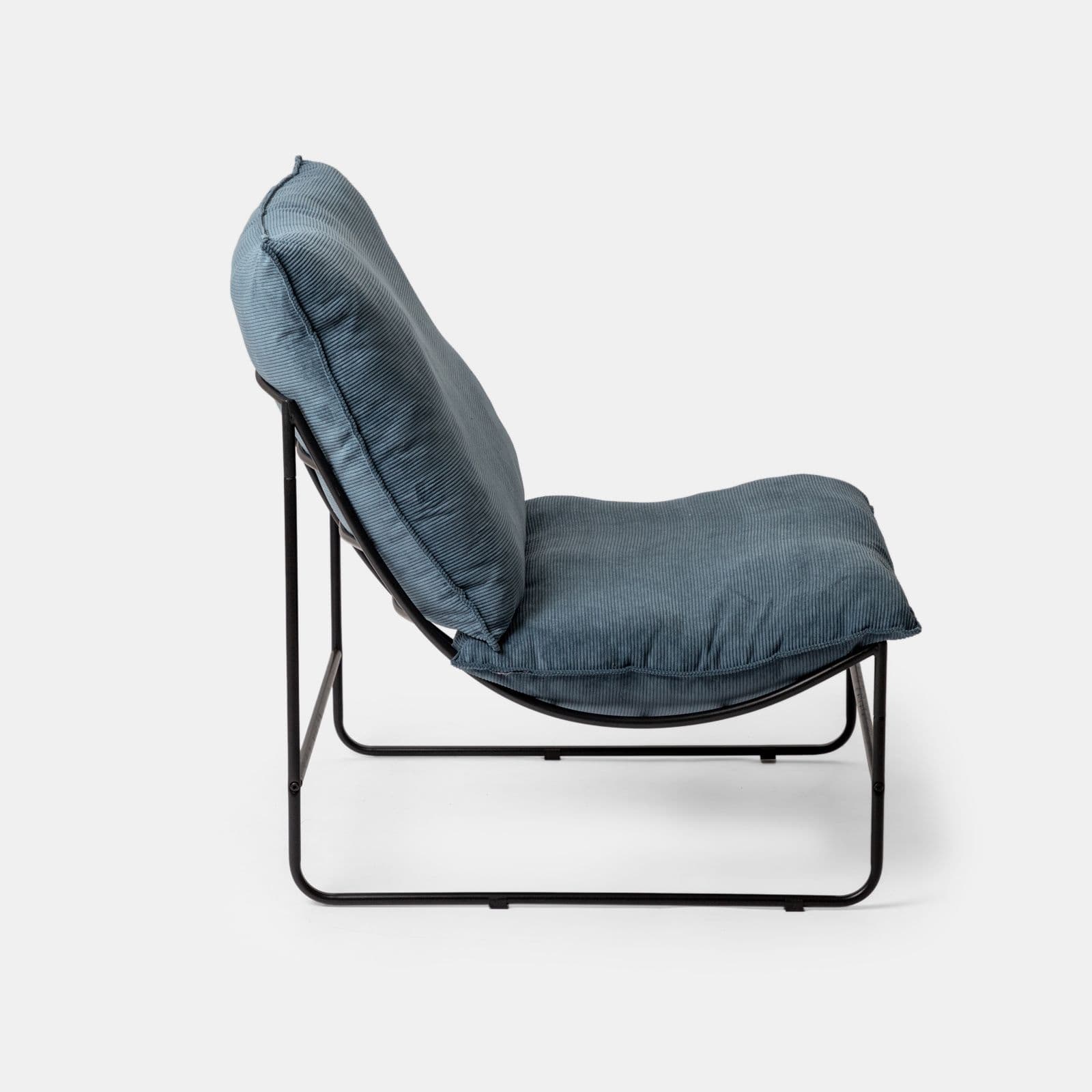 Poltrona da giardino con doppio cuscino in velluto a coste blu e struttura in metallo nero - Lorelei