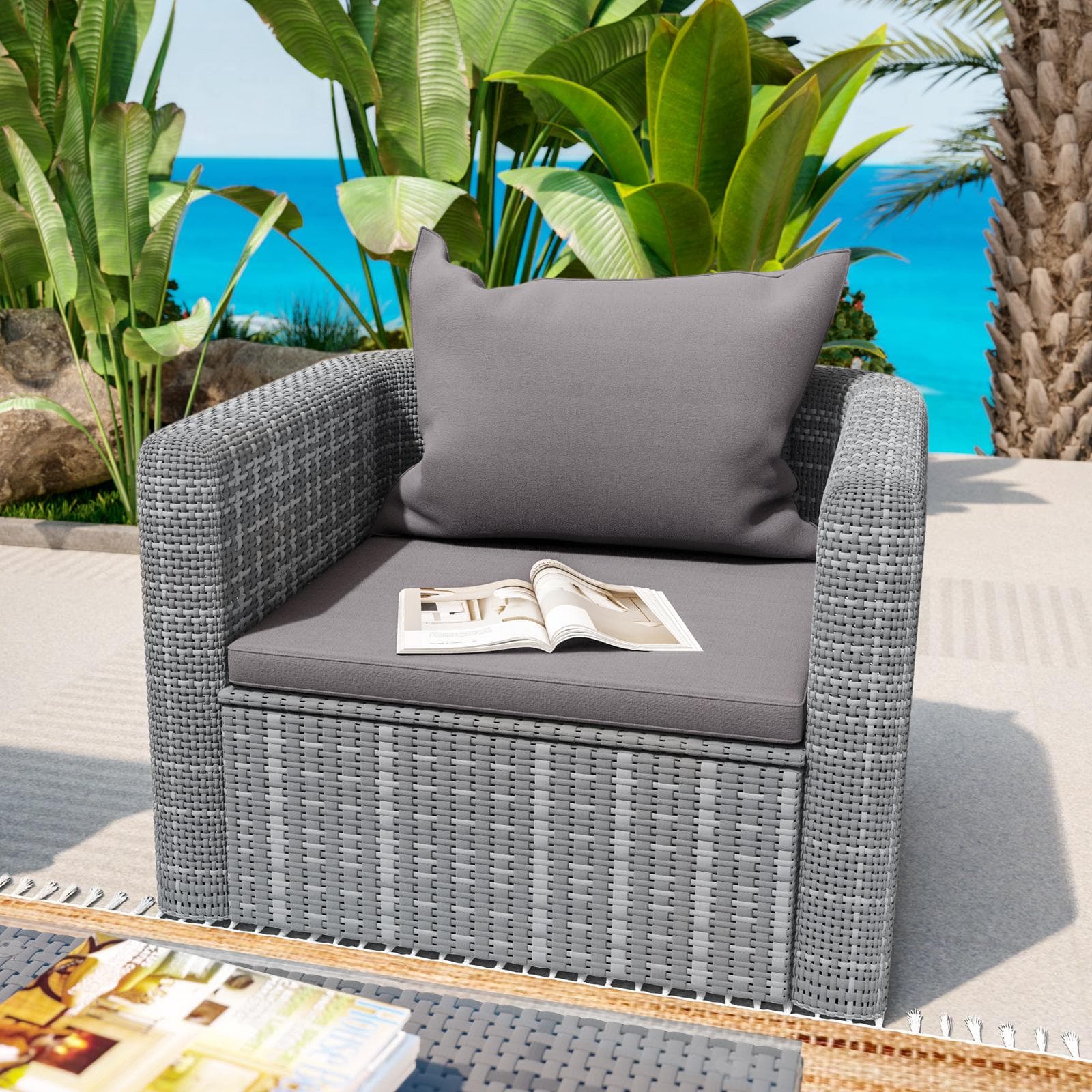 Poltrona da giardino in polyrattan grigio con cuscini - Horizon