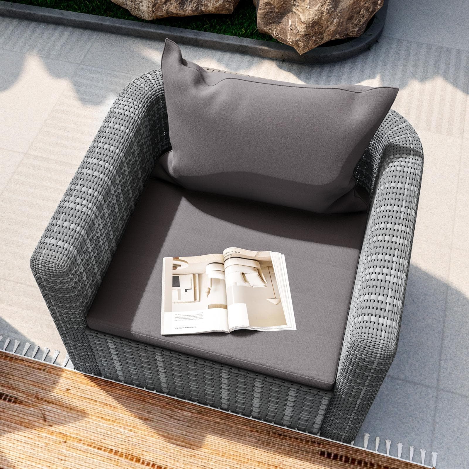 Poltrona da giardino in polyrattan grigio con cuscini - Horizon