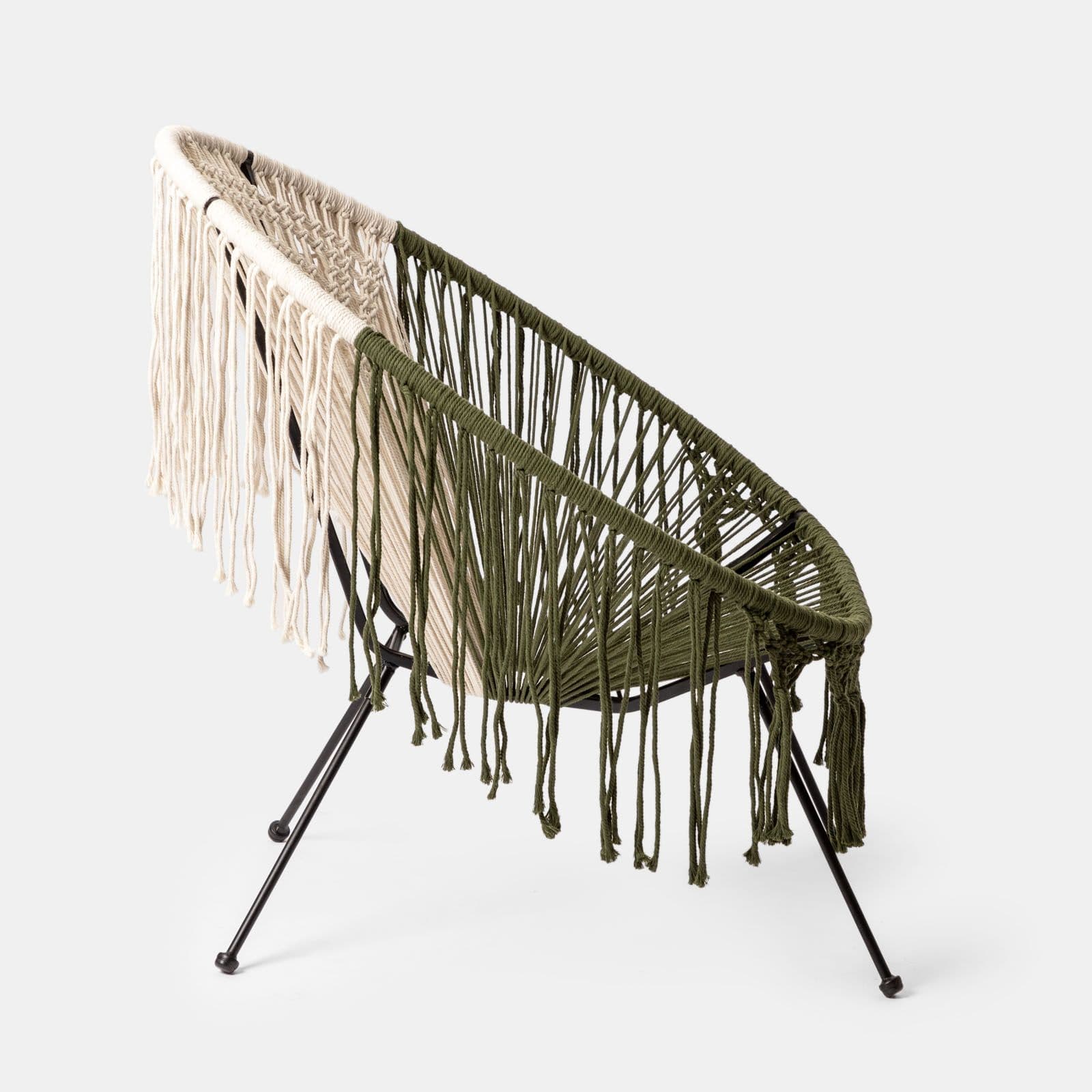 Poltrona da giardino macramè in cotone naturale ecrù e verde militare - Dasya