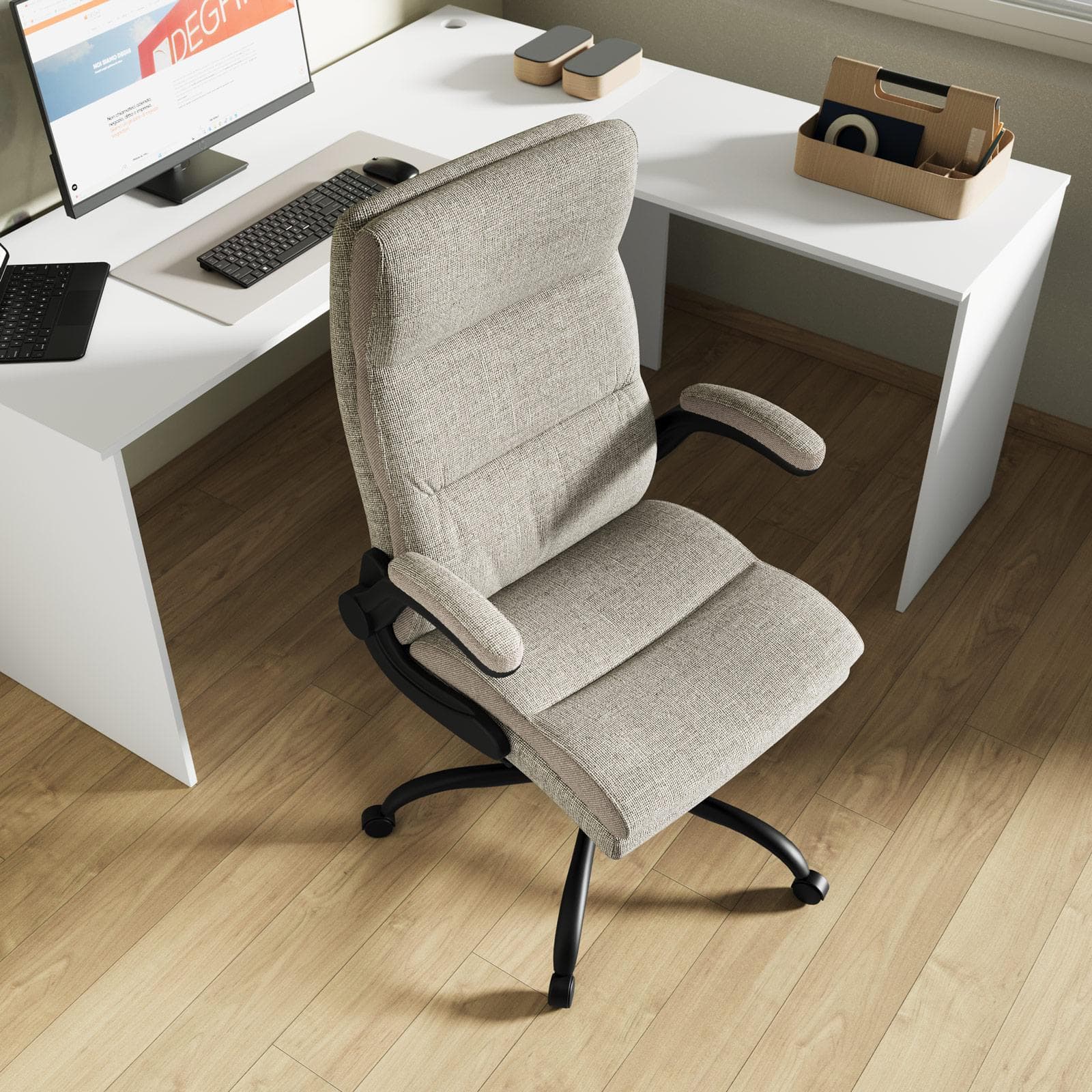 Poltrona da ufficio girevole in tessuto a trama beige e bianco con struttura nera - Liriel