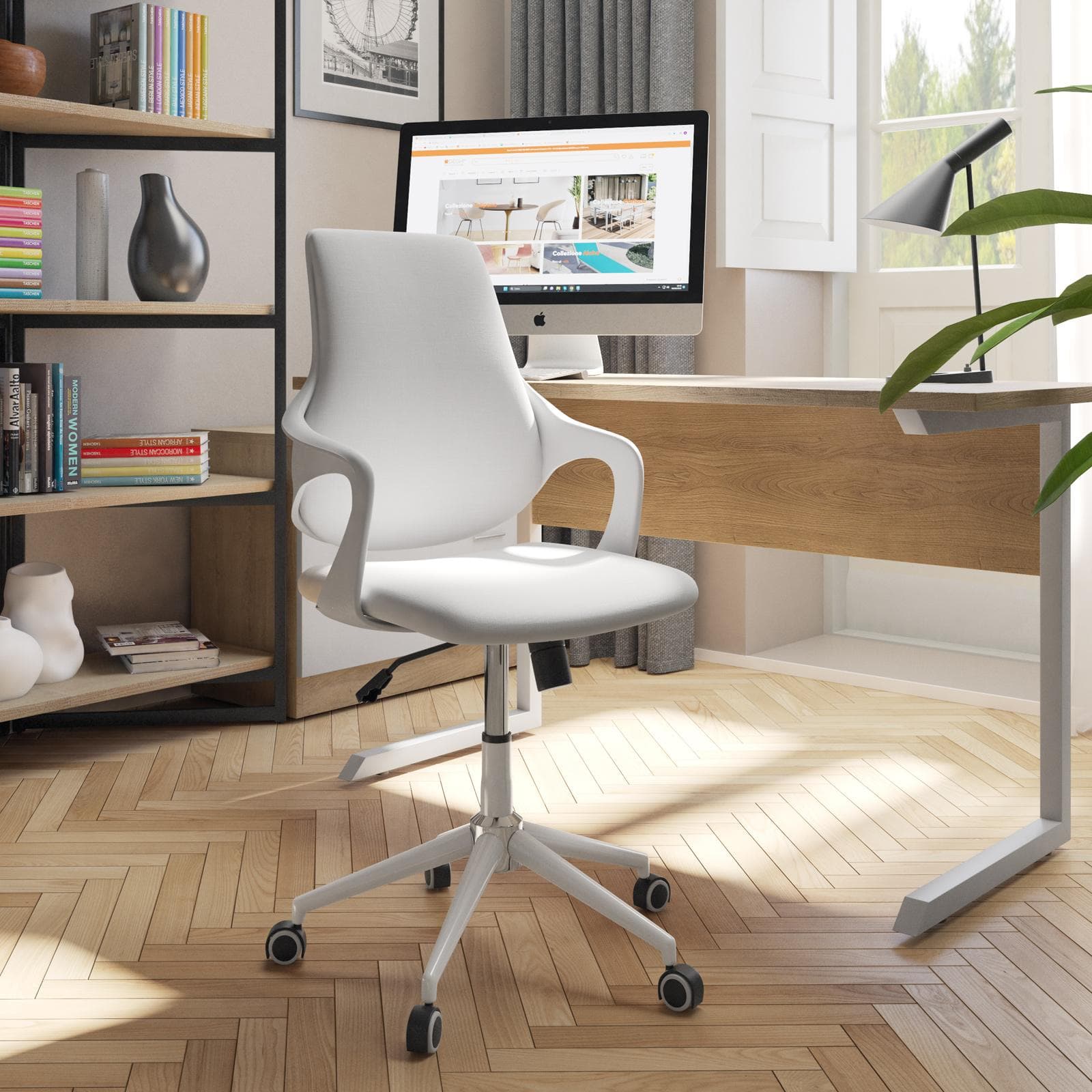 Poltrona da ufficio girevole in tessuto con schienale ergonomico e base in metallo bianco - Offis