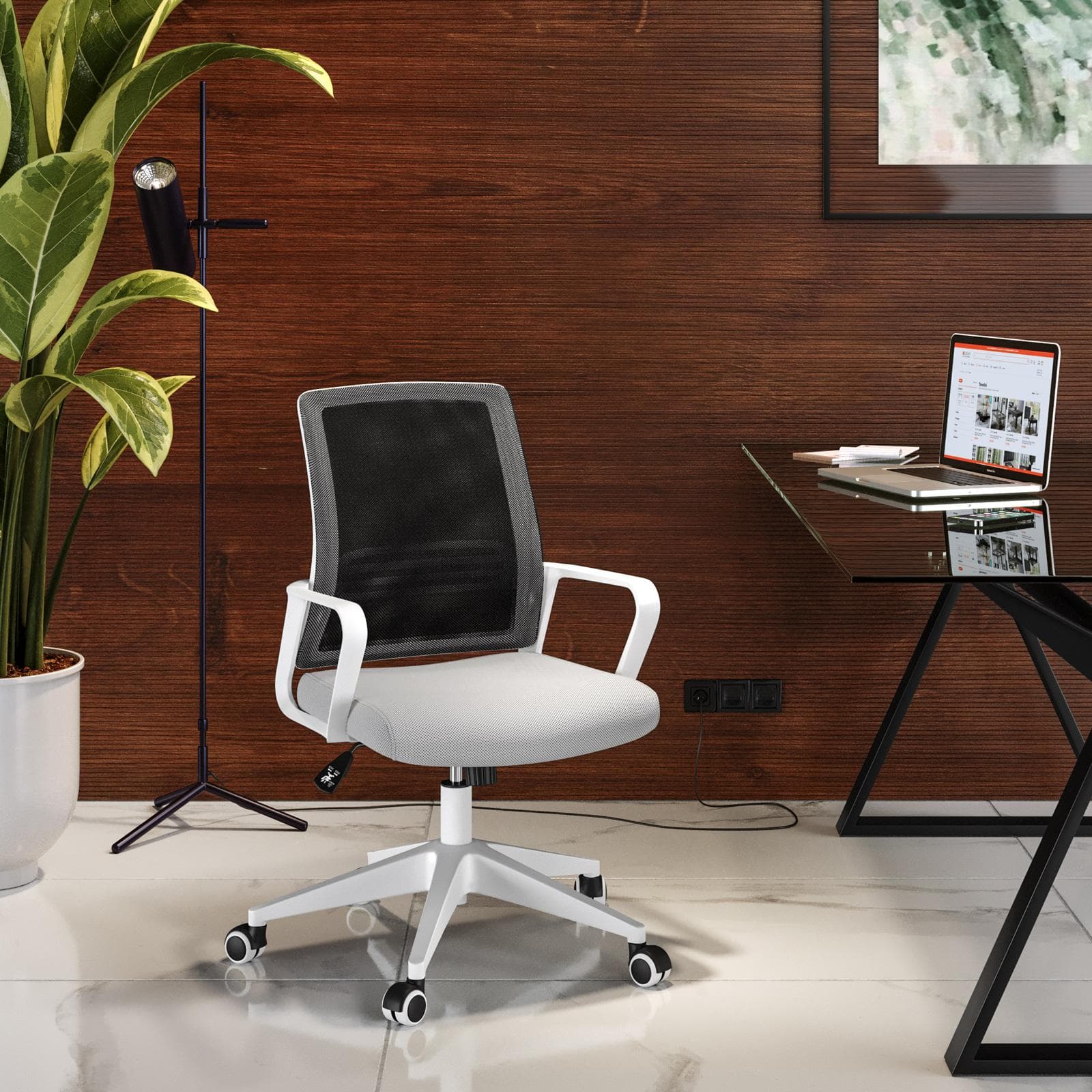 Poltrona da ufficio girevole in tessuto mesh grigio e antracite con struttura in nylon bianco - Gotica
