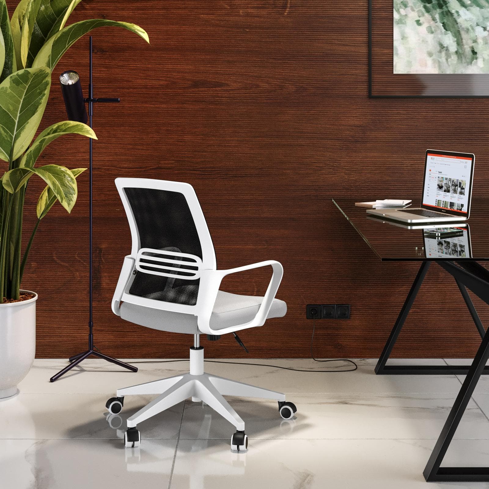 Poltrona da ufficio girevole in tessuto mesh grigio e antracite con struttura in nylon bianco - Gotica