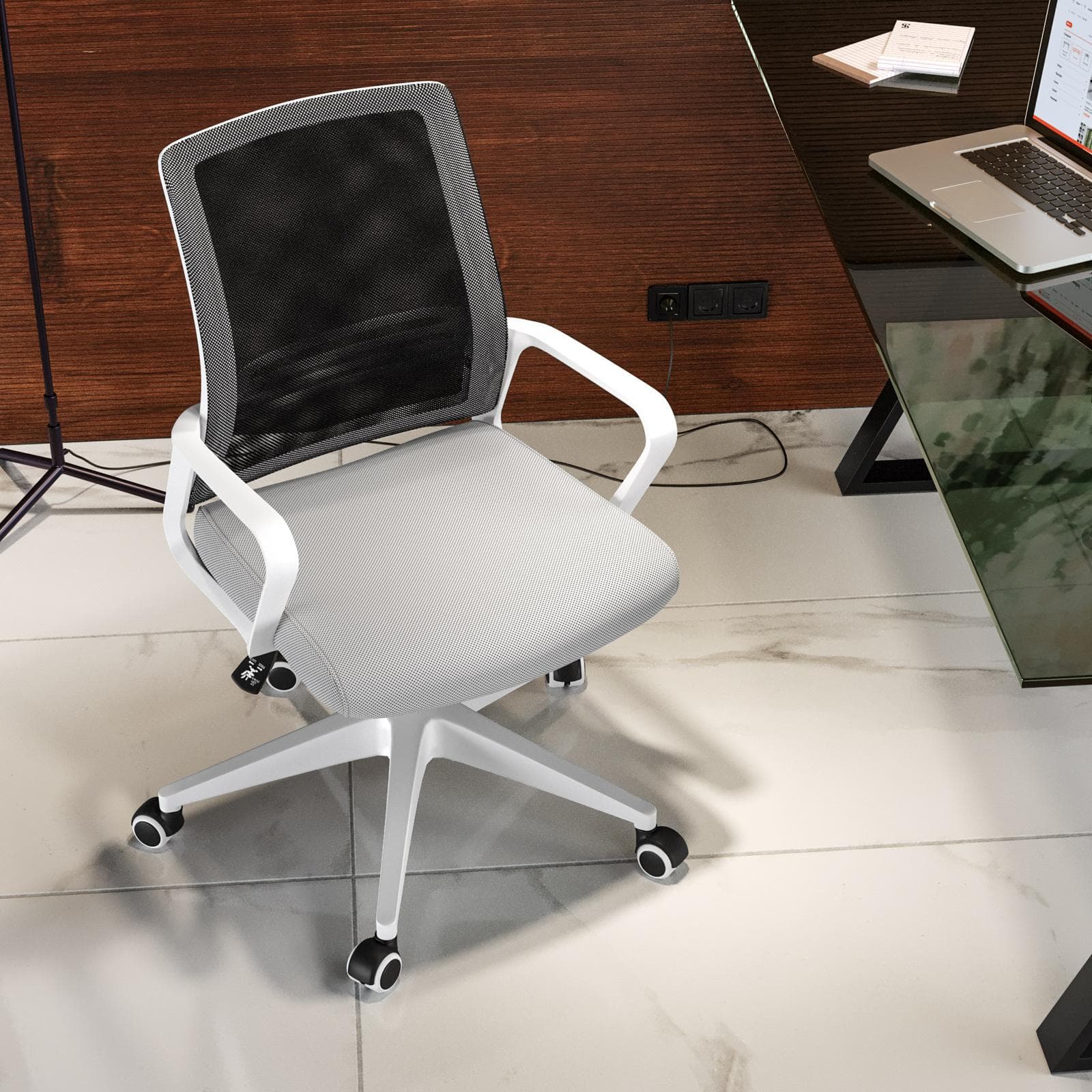 Poltrona da ufficio girevole in tessuto mesh grigio e antracite con struttura in nylon bianco - Gotica