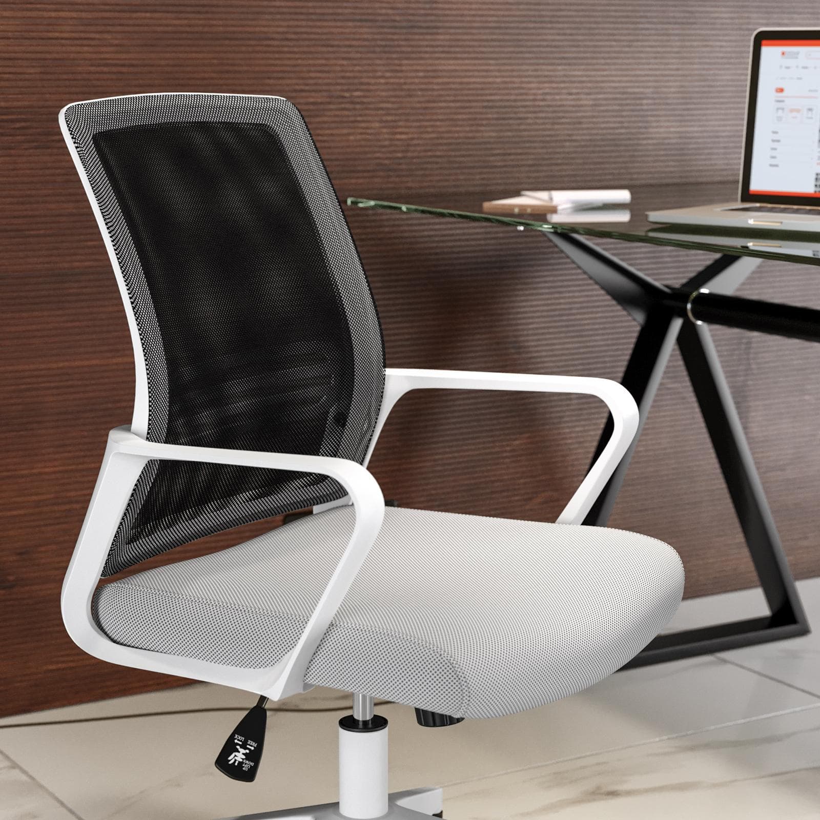 Poltrona da ufficio girevole in tessuto mesh grigio e antracite con struttura in nylon bianco - Gotica