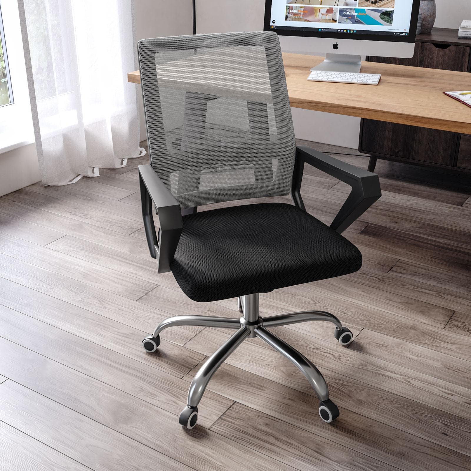 Poltrona da ufficio girevole in tessuto mesh nero e schienale grigio con struttura cromo - Crest