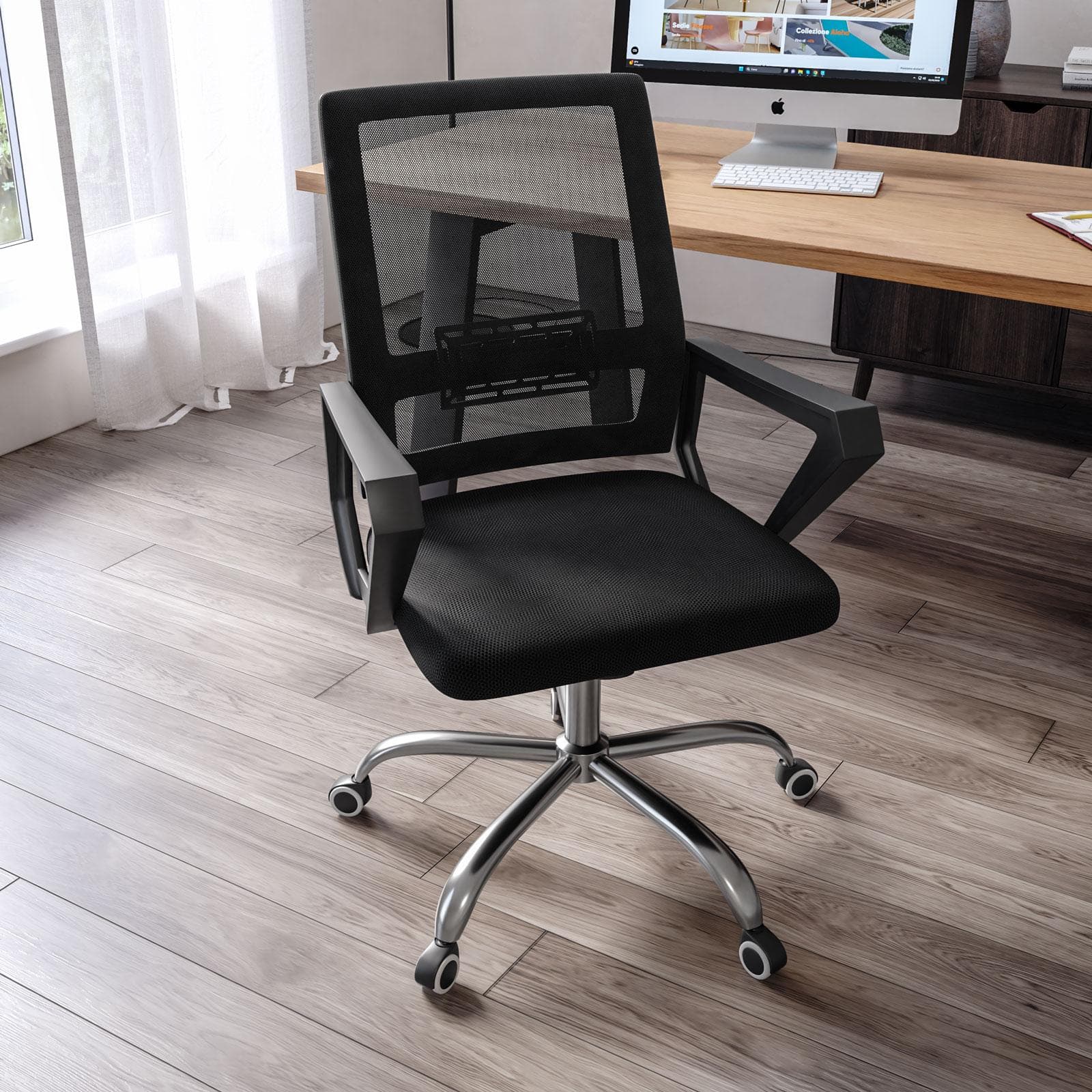 Poltrona da ufficio girevole in tessuto mesh nero con struttura cromo - Crest