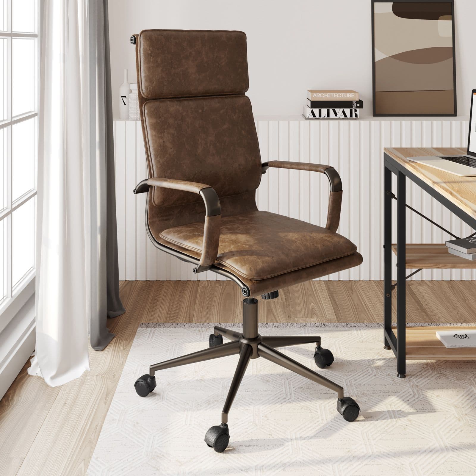 Poltrona da ufficio girevole in similpelle marrone con rivestimento braccioli sfoderabile - Martin Plus