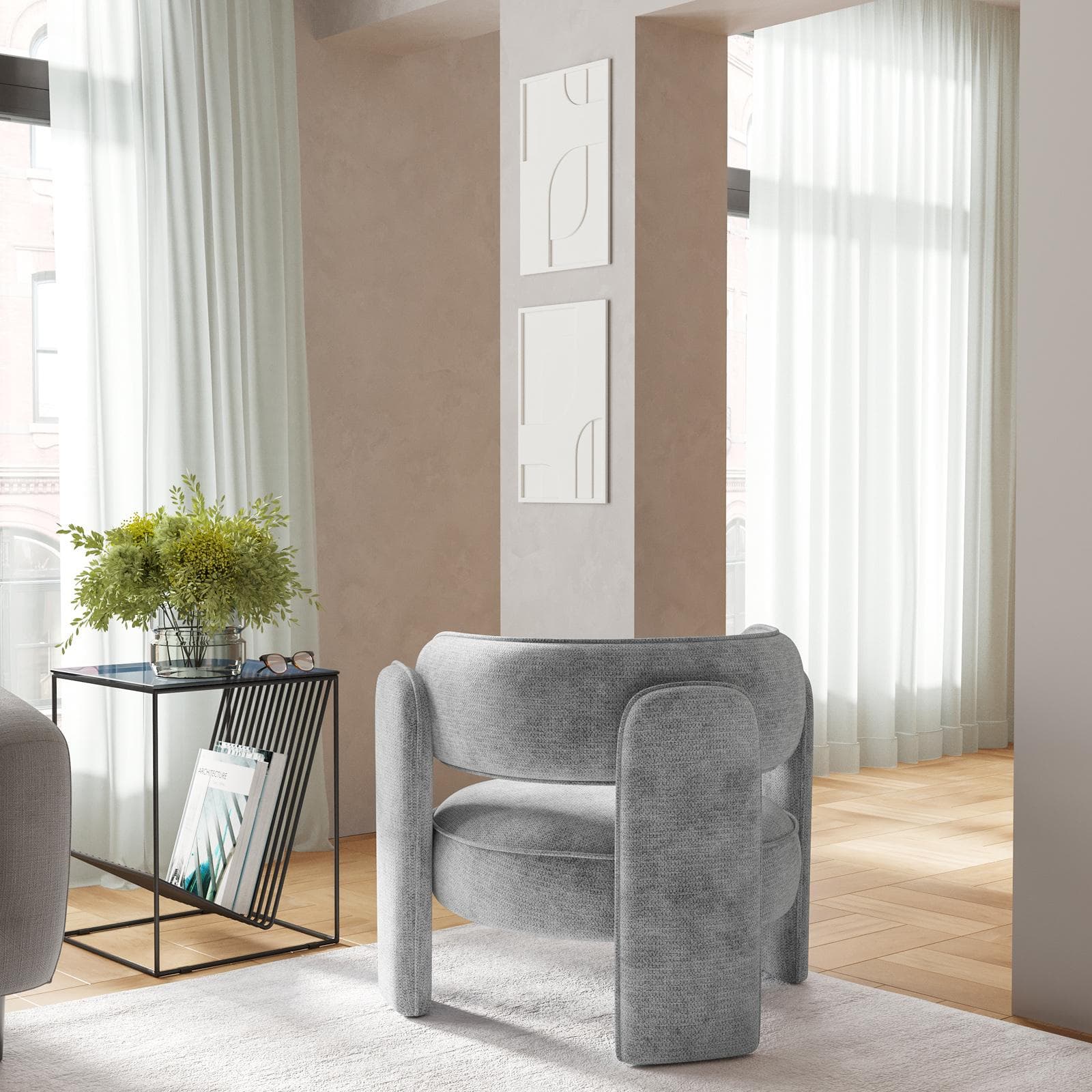 Poltrona design moderno tessuto effetto maglia grigio - Vivian