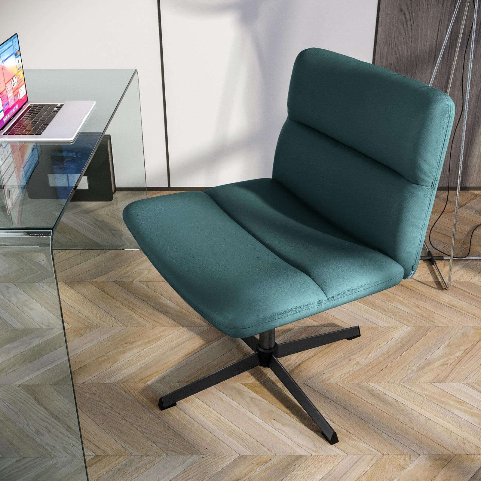 Poltrona girevole da ufficio in similpelle blu petrolio con base in metallo nero - Lexie