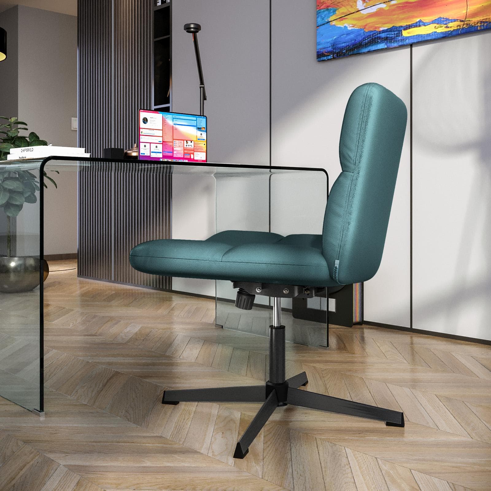 Poltrona girevole da ufficio in similpelle blu petrolio con base in metallo nero - Lexie