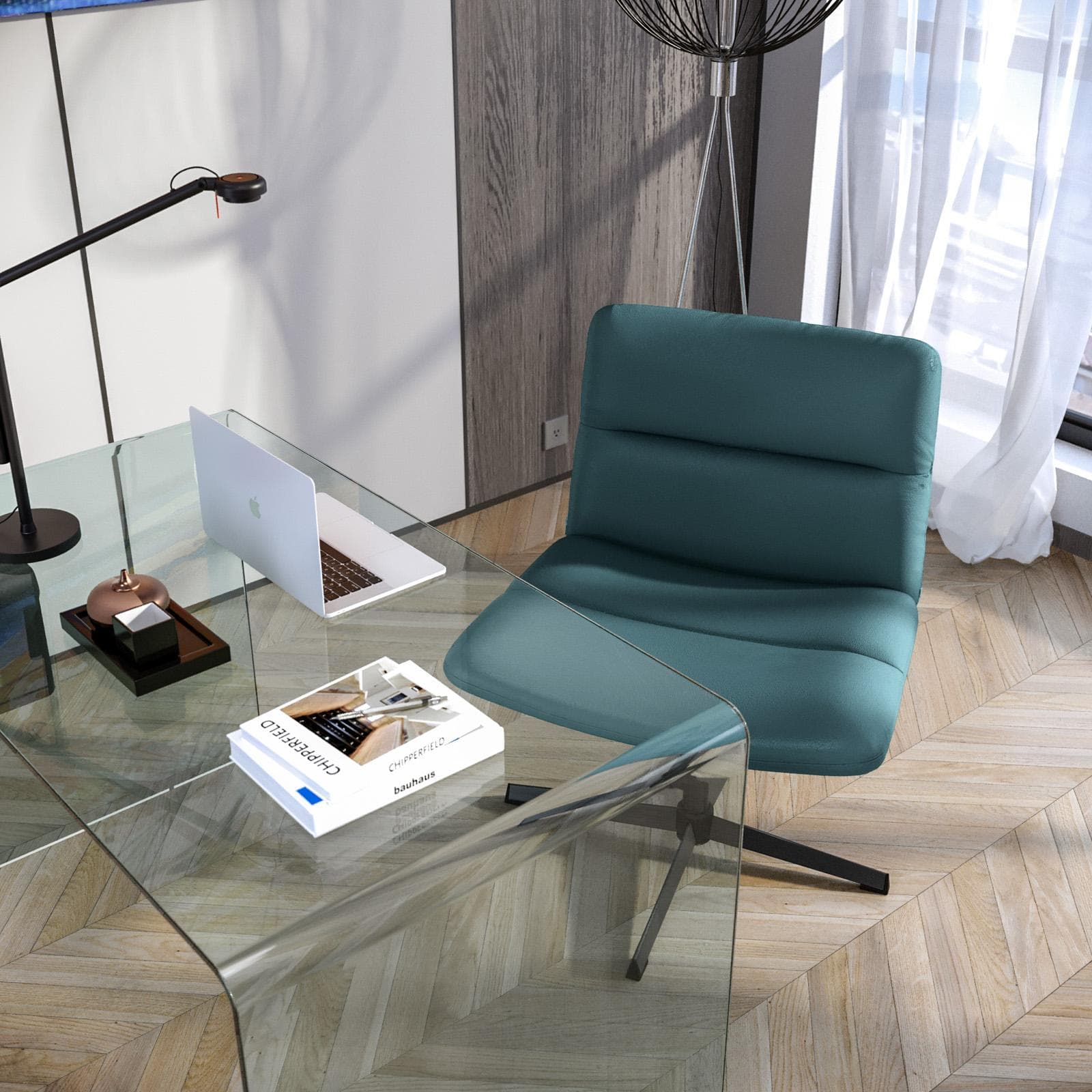 Poltrona girevole da ufficio in similpelle blu petrolio con base in metallo nero - Lexie