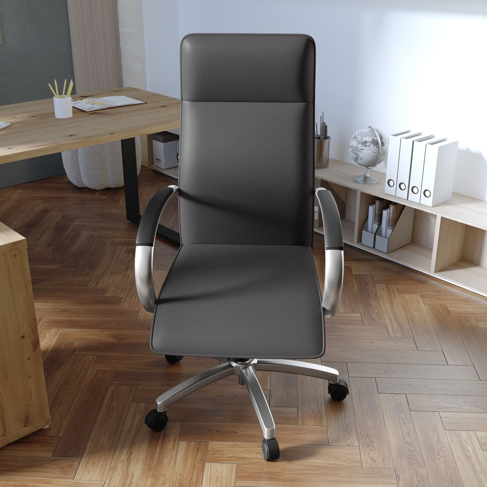 Poltrona girevole da ufficio in similpelle grigio scuro con struttura cromo - Flowy