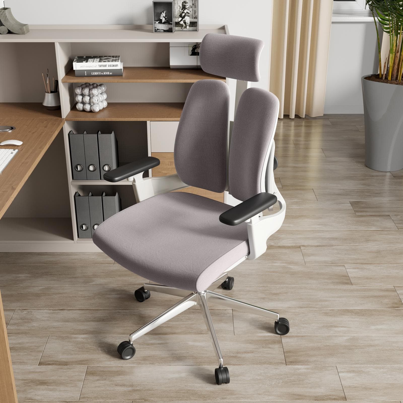 Poltrona girevole da ufficio in tessuto grigio e bianco con supporti lombari regolabili - Boulder