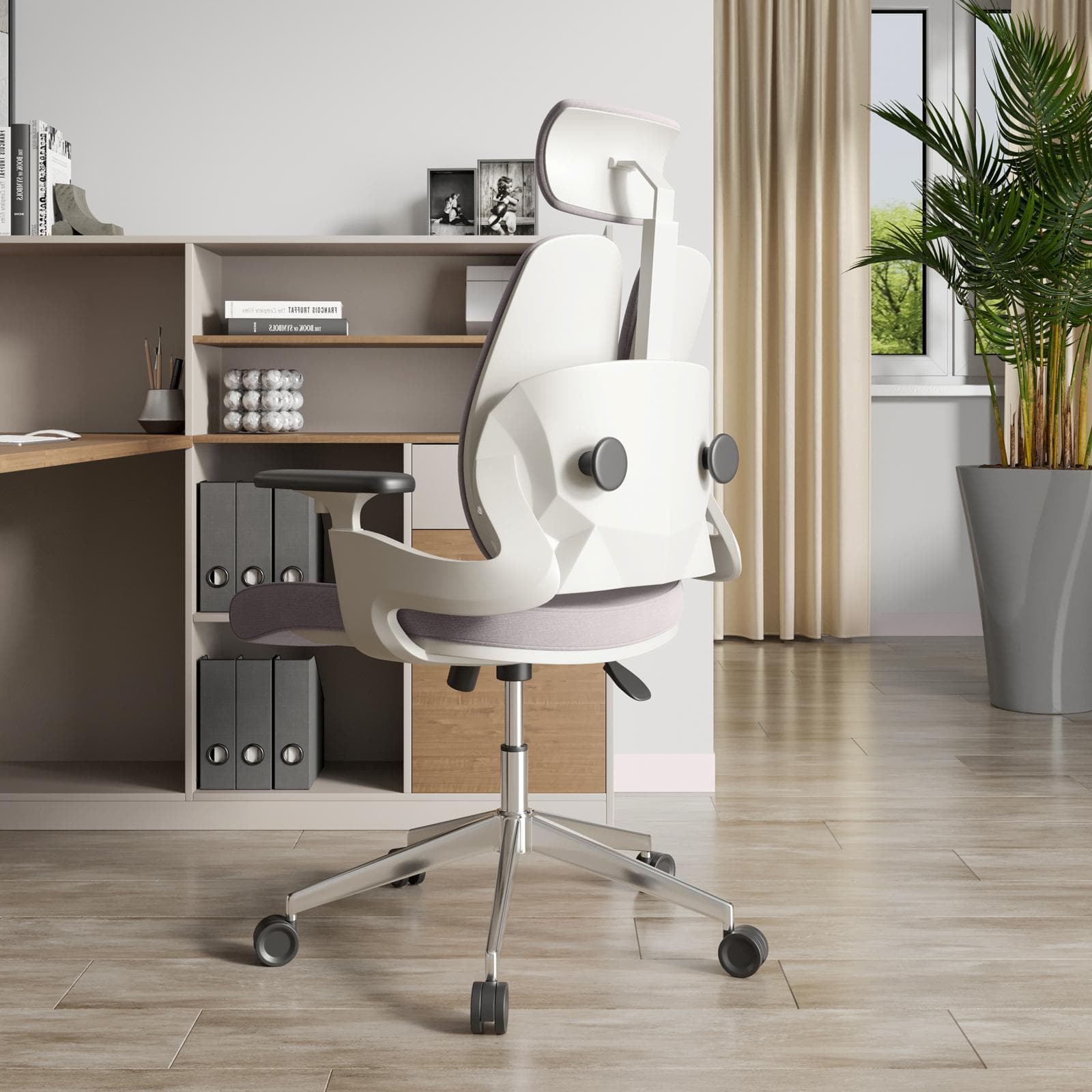 Poltrona girevole da ufficio in tessuto grigio e bianco con supporti lombari regolabili - Boulder