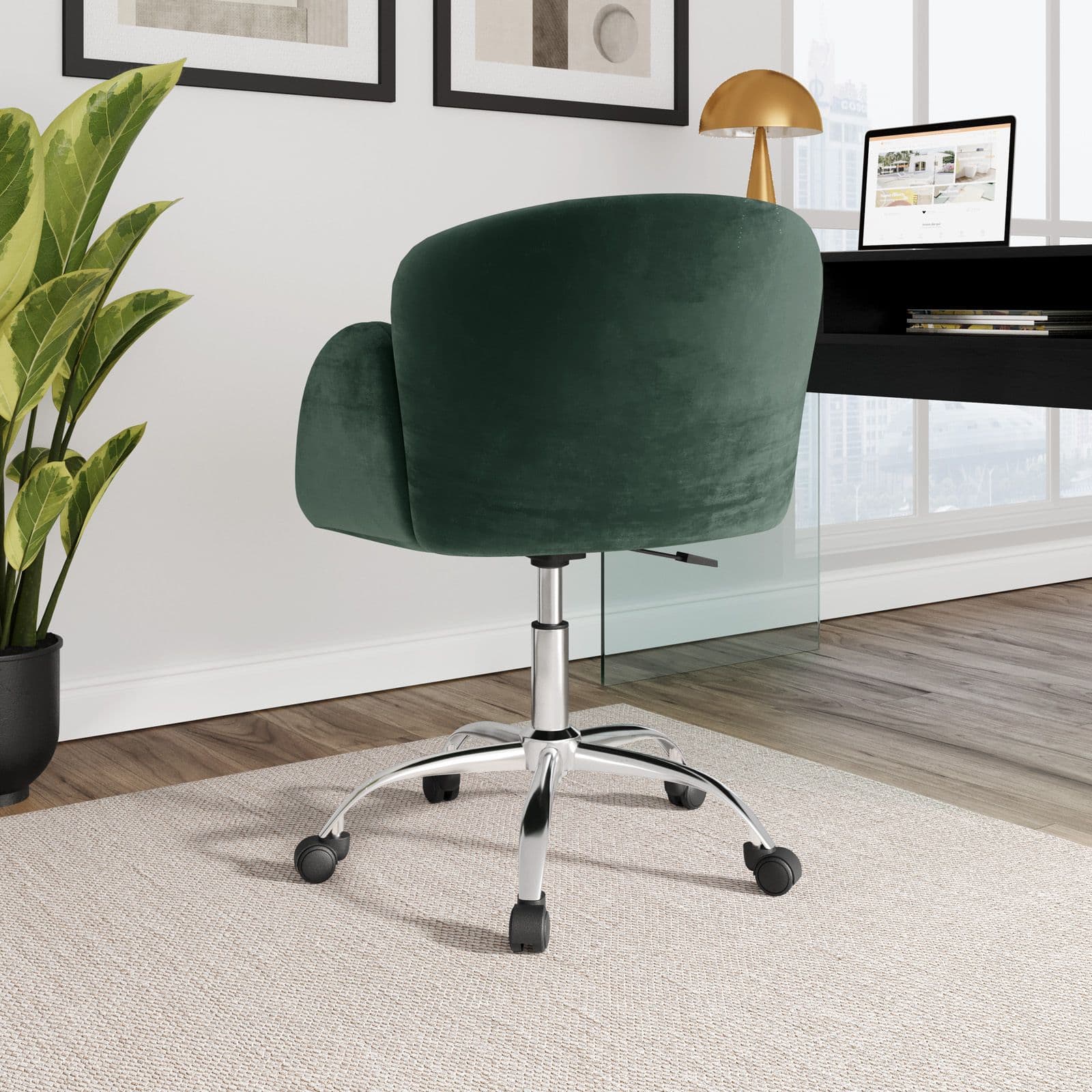 Poltrona da ufficio girevole in velluto verde con base cromata - Smith