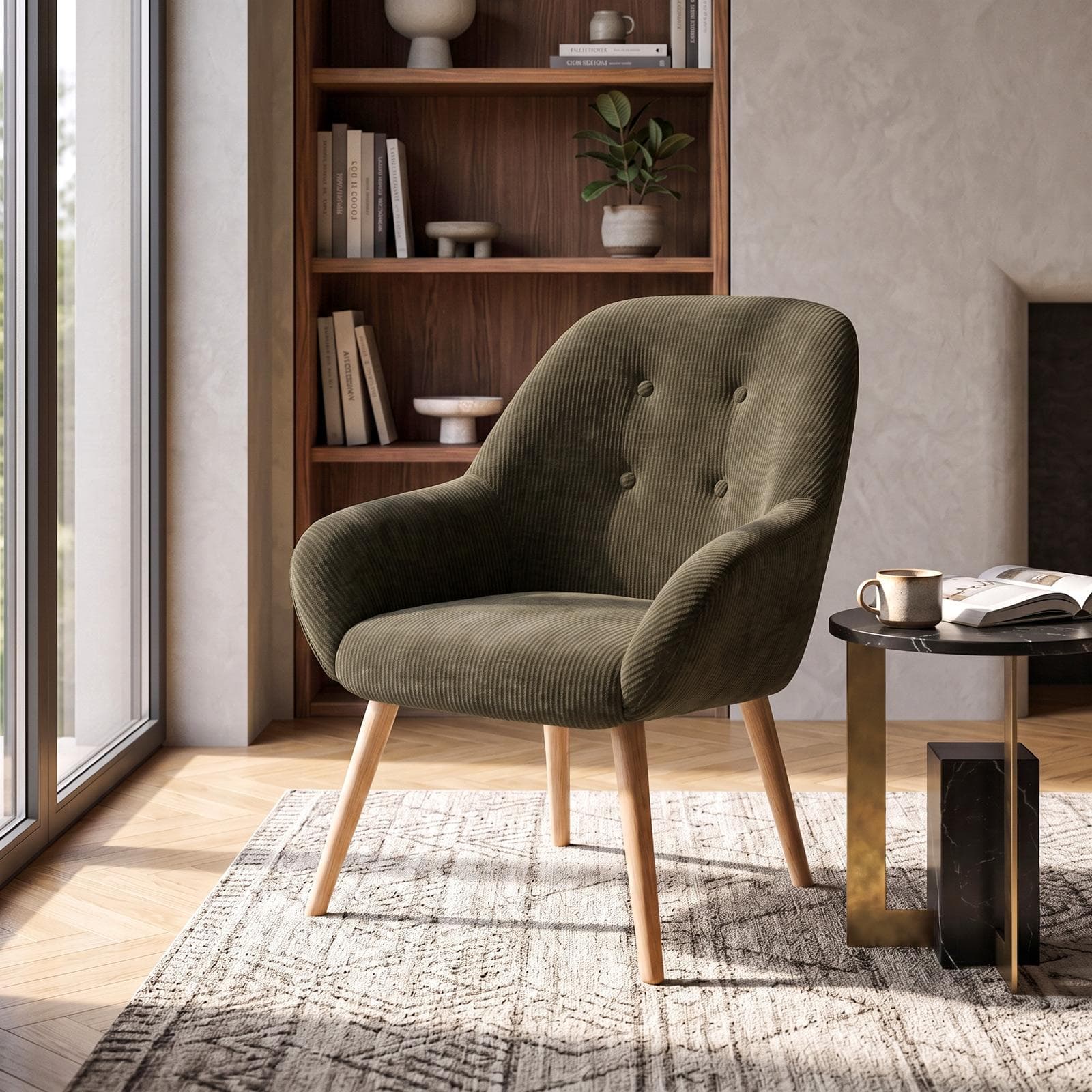 Poltrona in ciniglia verde con gambe in legno - Briette