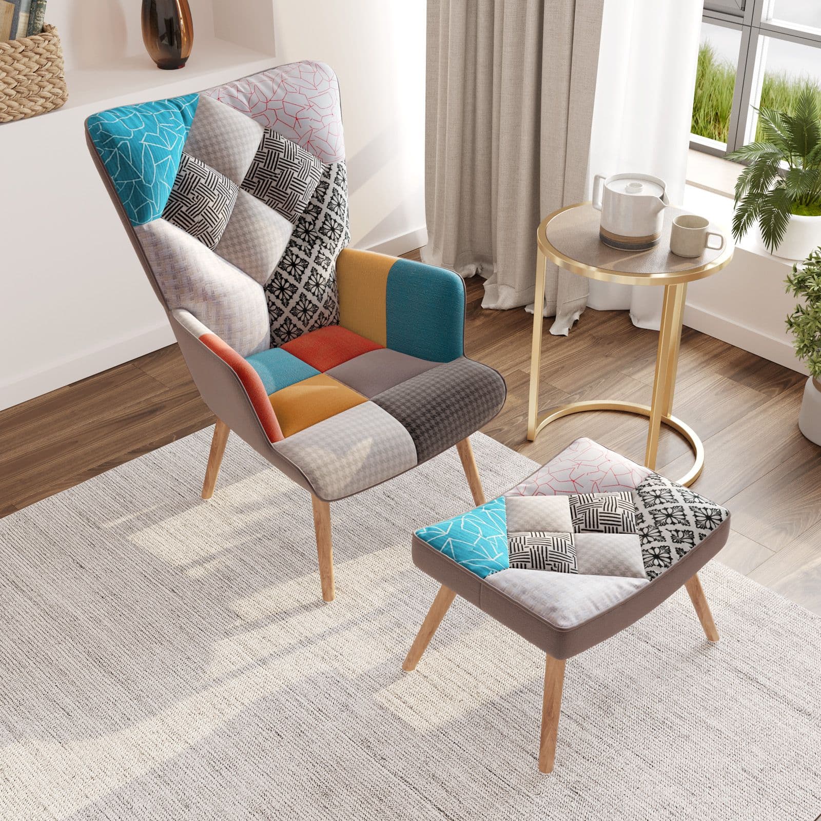 Poltrona scandinava in tessuto patchwork multicolor con poggiapiedi - Copenaghen