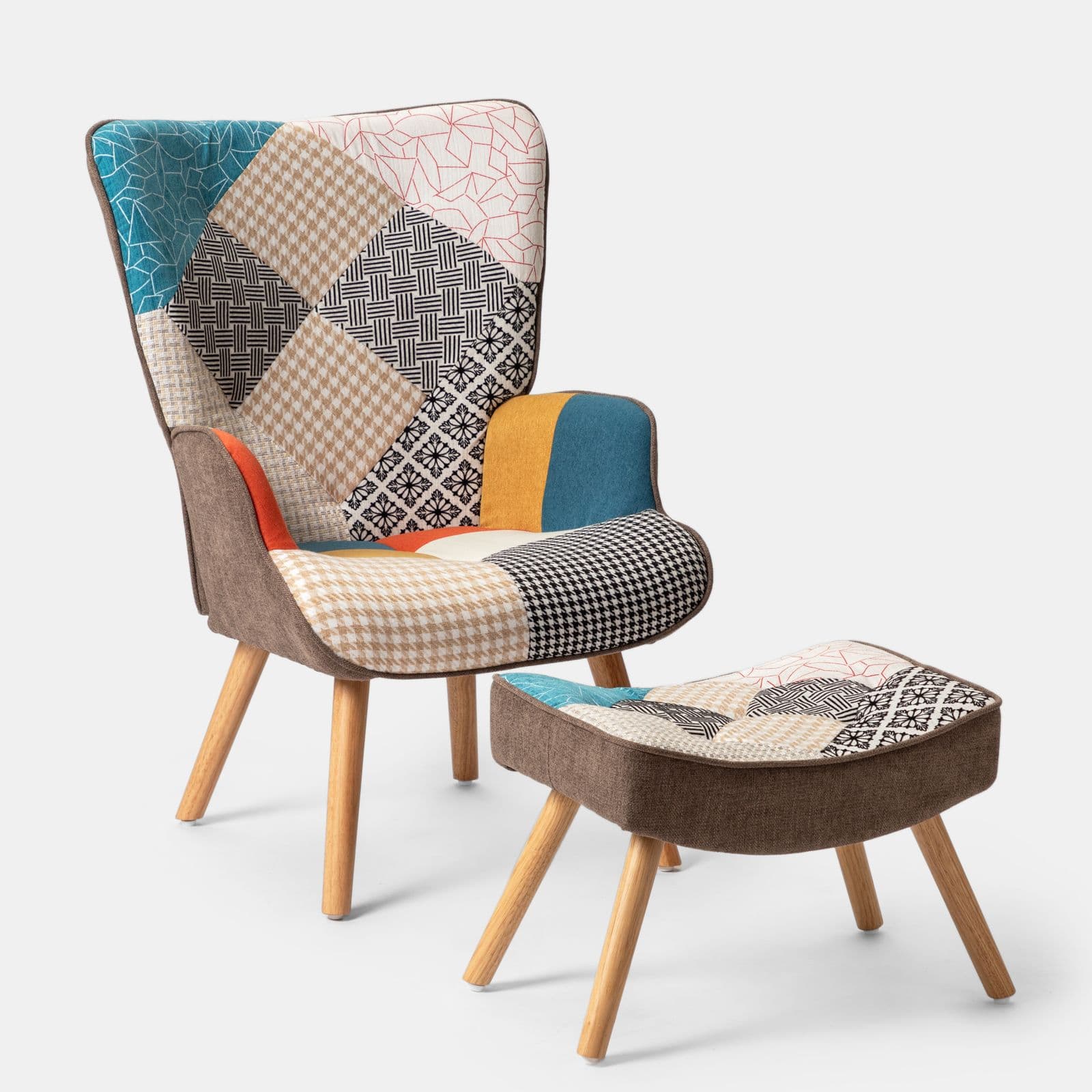 Poltrona scandinava in tessuto patchwork multicolor con poggiapiedi - Copenaghen