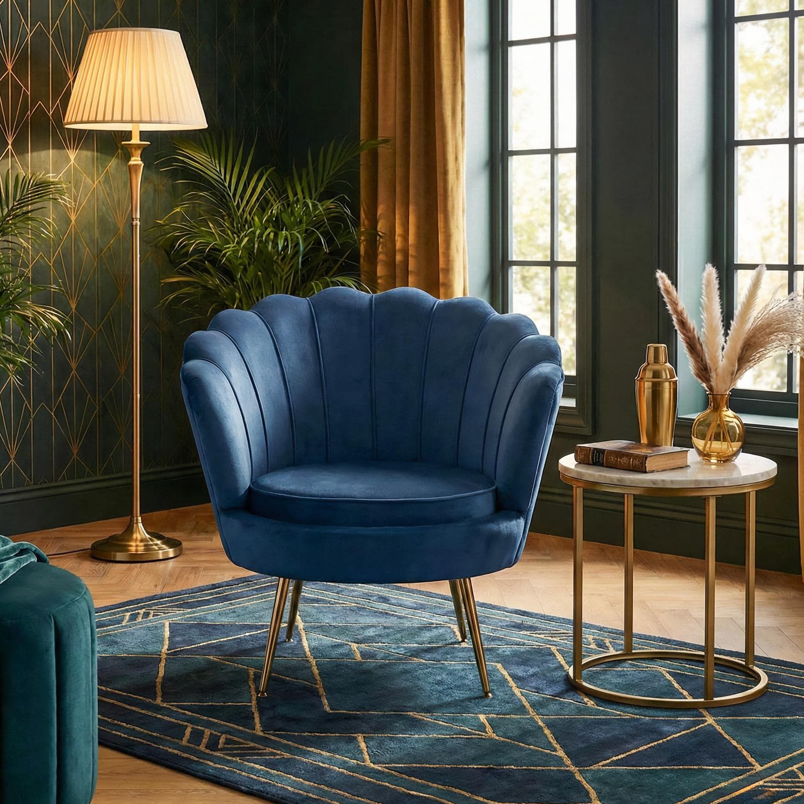 Poltrona conchiglia in velluto blu con seduta imbottita e gambe oro - Snob