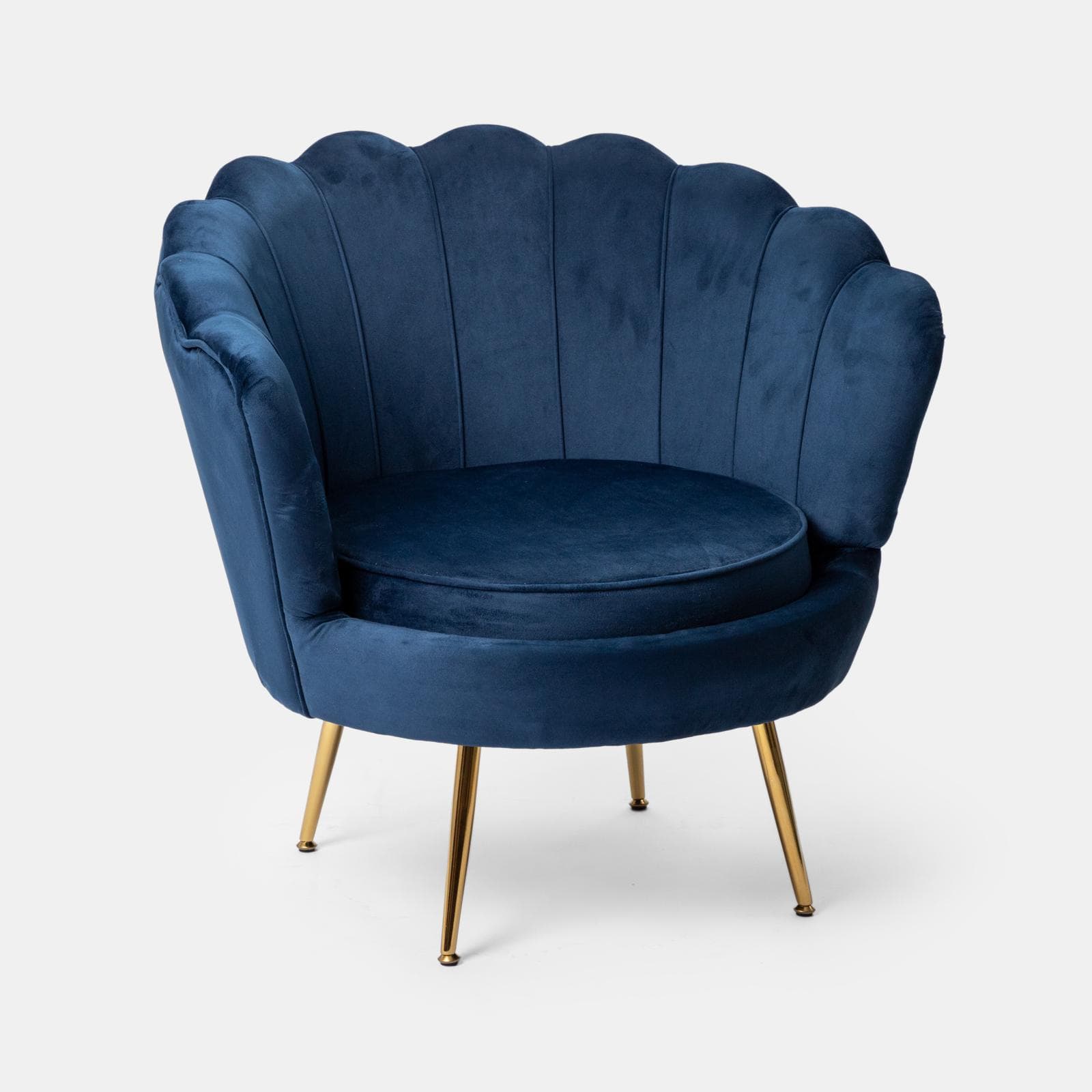 Poltrona conchiglia in velluto blu con seduta imbottita e gambe oro - Snob