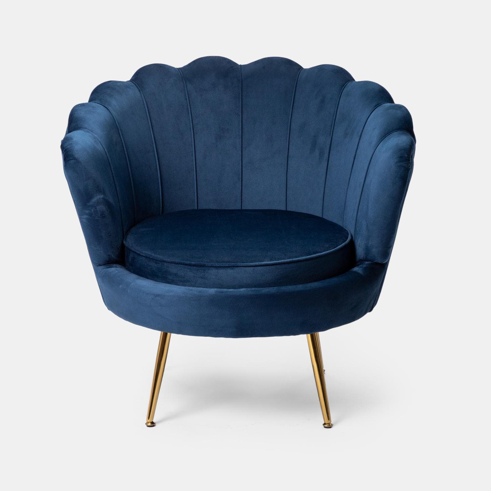 Poltrona conchiglia in velluto blu con seduta imbottita e gambe oro - Snob