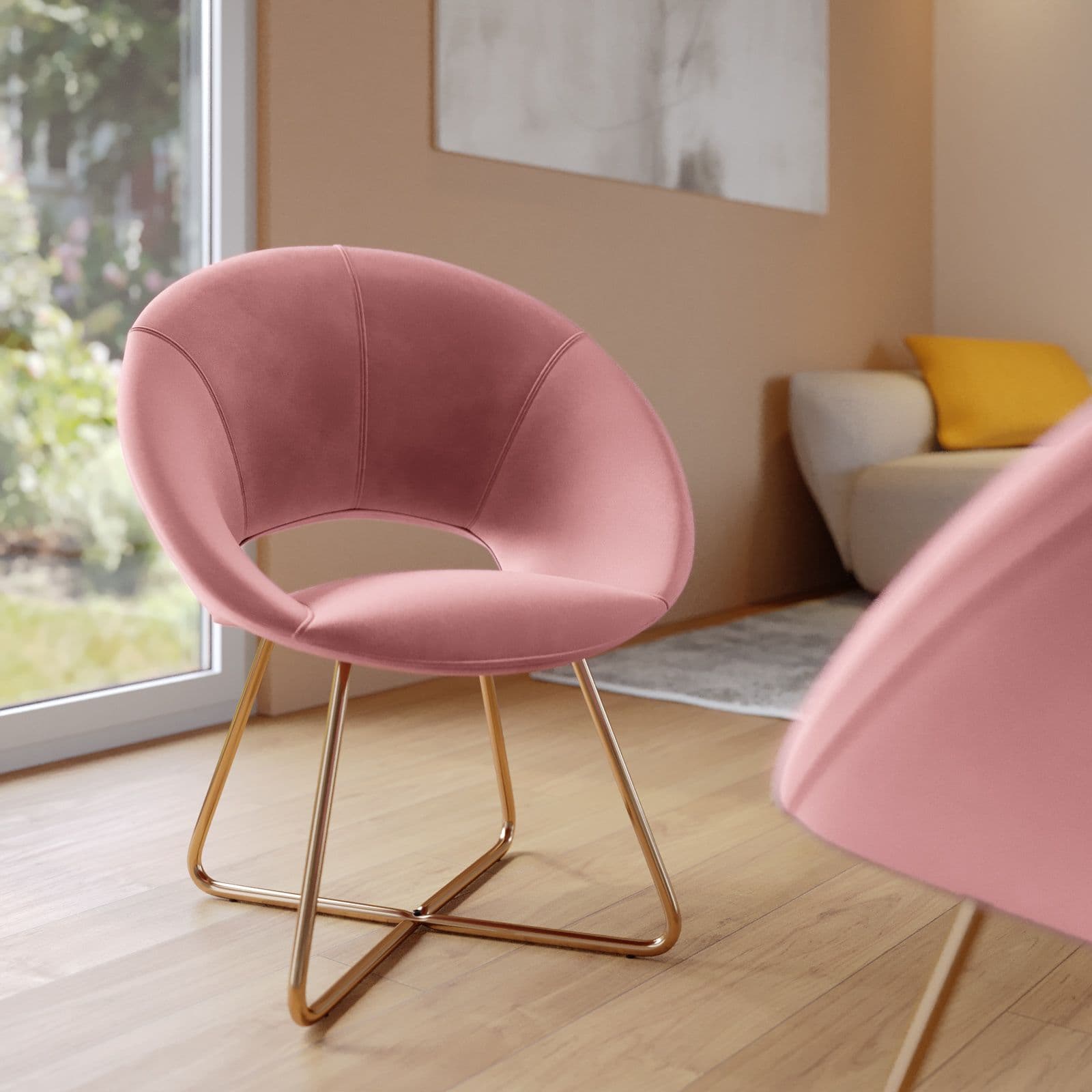 Poltrona in velluto rosa con schienale tondo e gambe oro - Cross