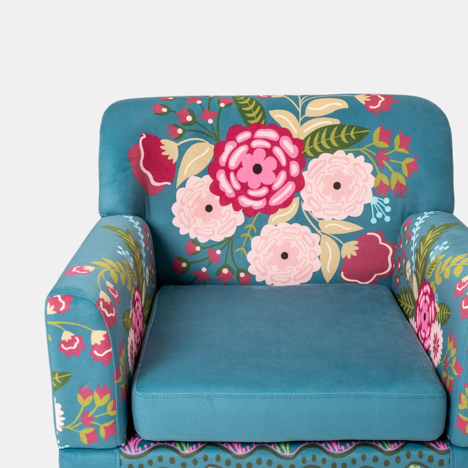Poltrona in velluto turchese con fantasia floreale multicolore e gambe nere - Isadora