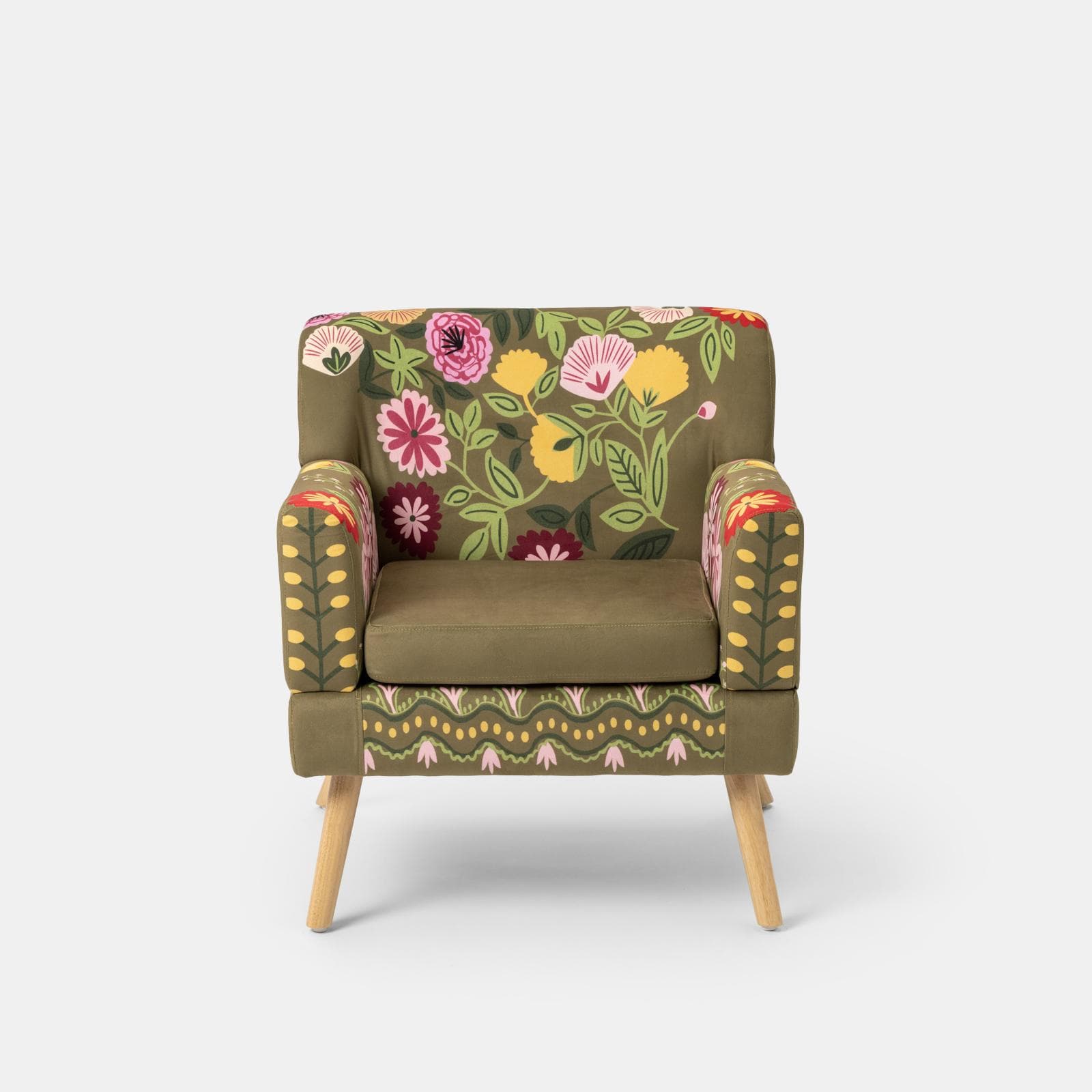 Poltrona in velluto verde con fantasia floreale multicolore e gambe nere - Isadora