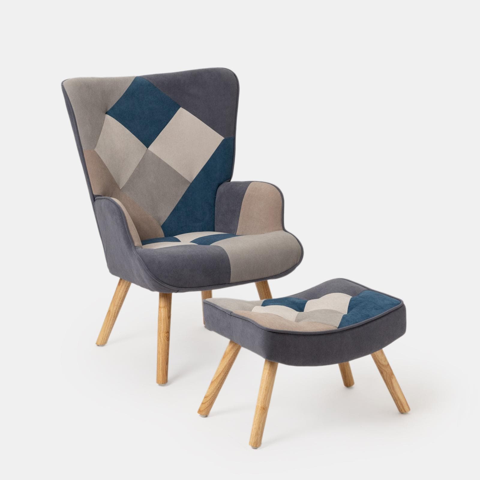 Poltrona scandinava in tessuto patchwork multicolor blu con poggiapiedi - Copenaghen