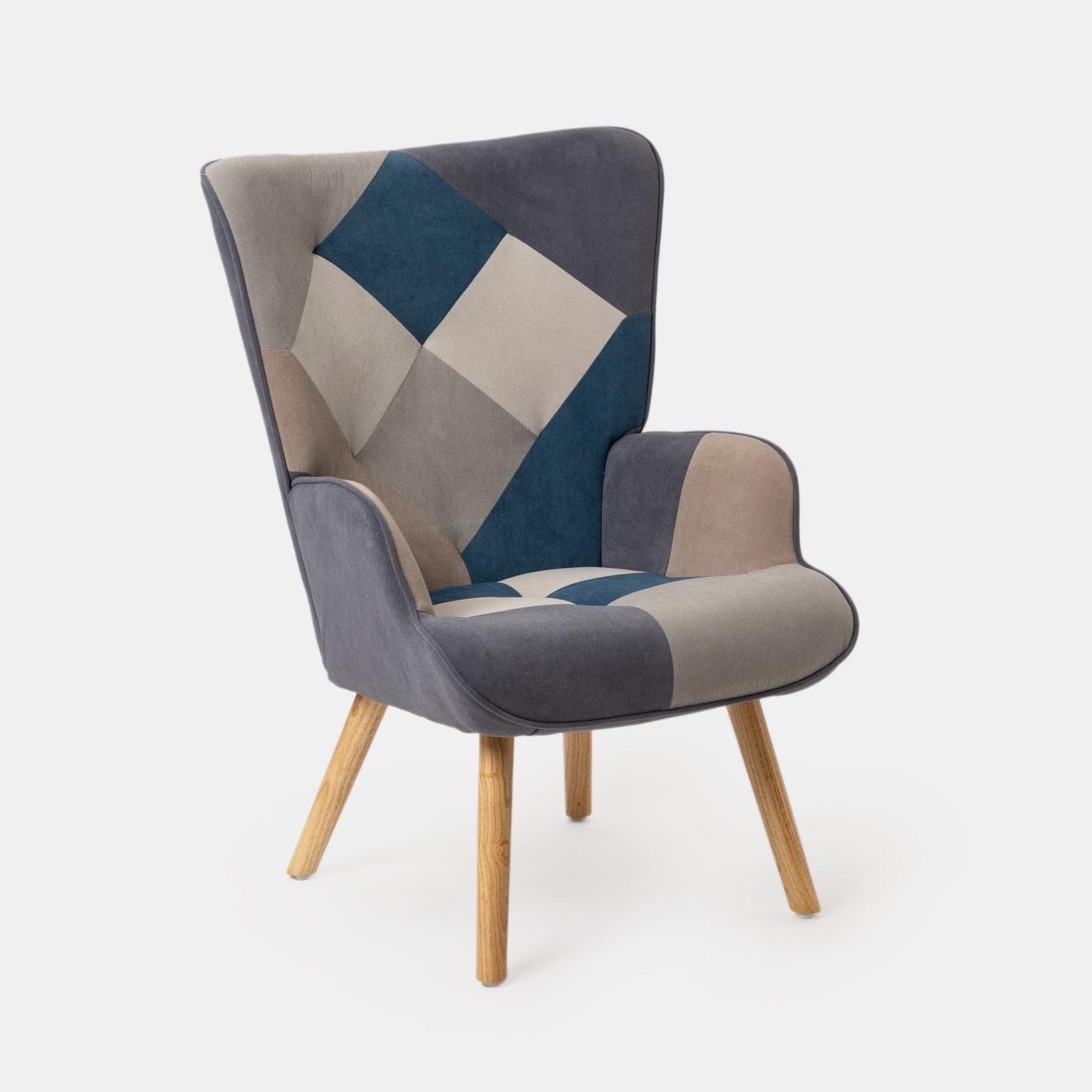 Poltrona scandinava in tessuto patchwork multicolor blu con poggiapiedi - Copenaghen