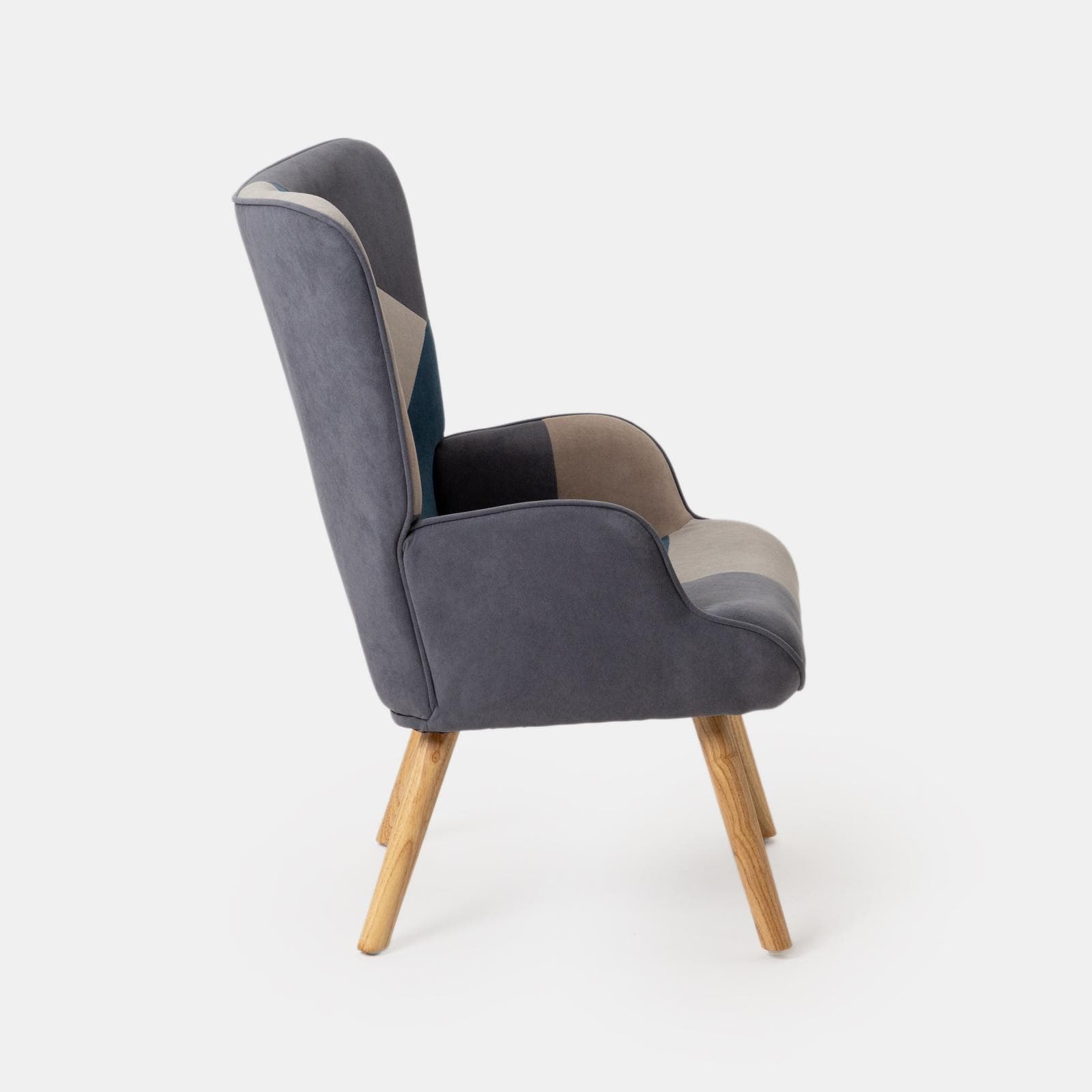 Poltrona scandinava in tessuto patchwork multicolor blu con poggiapiedi - Copenaghen