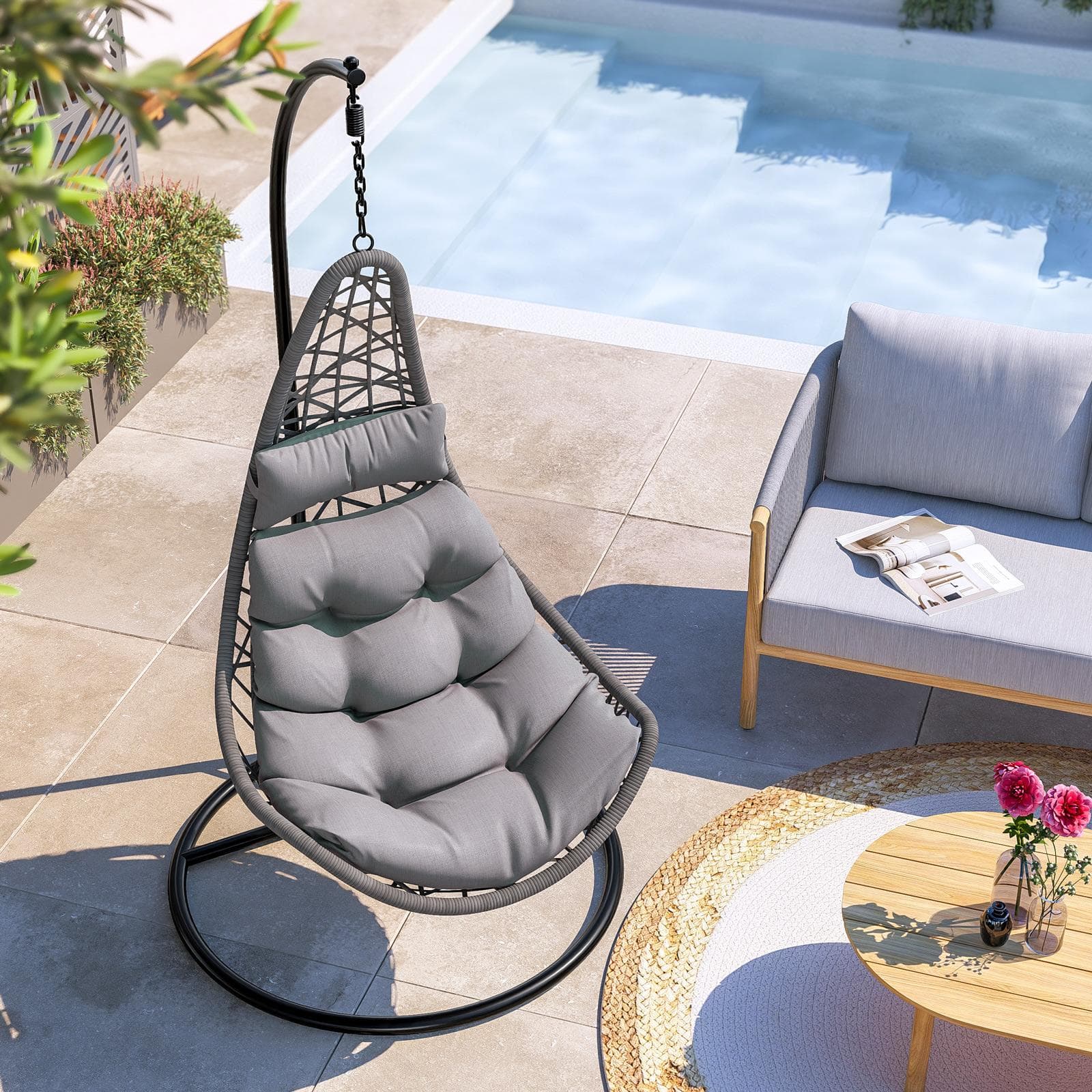 Poltrona sospesa in acciaio nero e polyrattan grigio con cuscini grigi - Duna