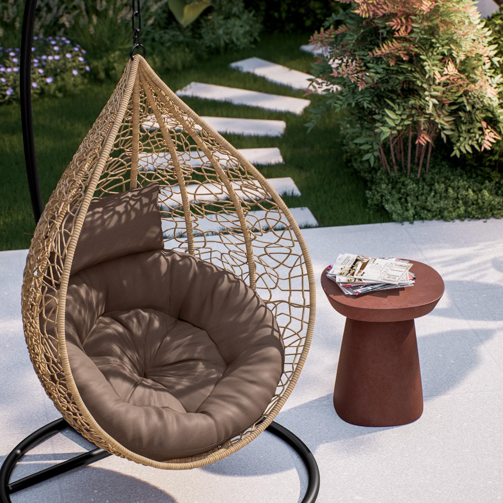 Poltrona sospesa in polyrattan nocciola con cuscino marrone e supporto - Orba