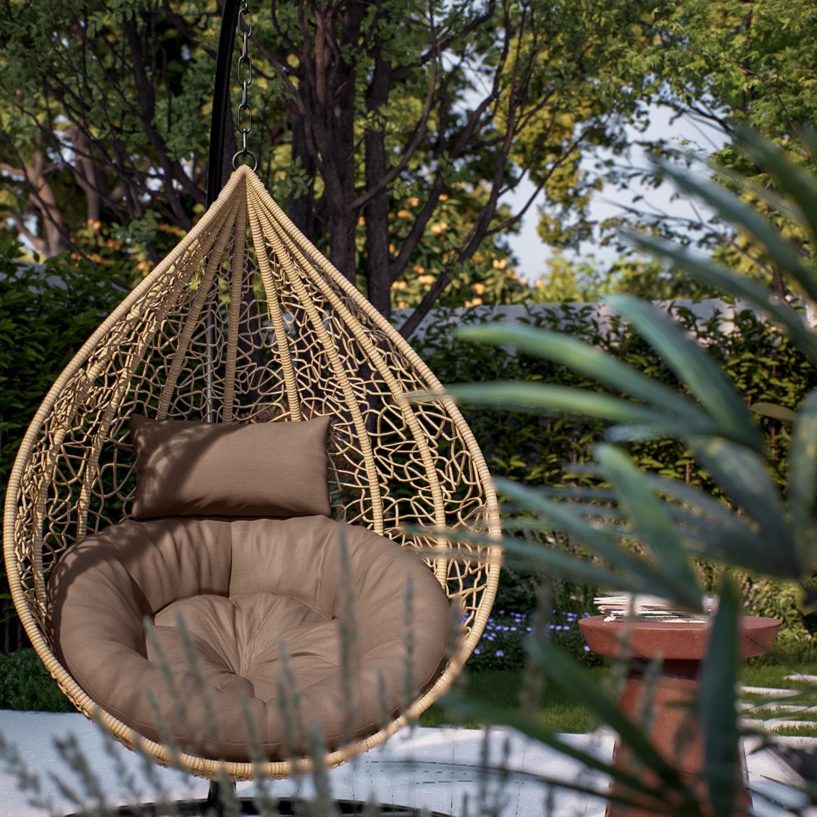 Poltrona sospesa in polyrattan nocciola con cuscino marrone e supporto - Orba