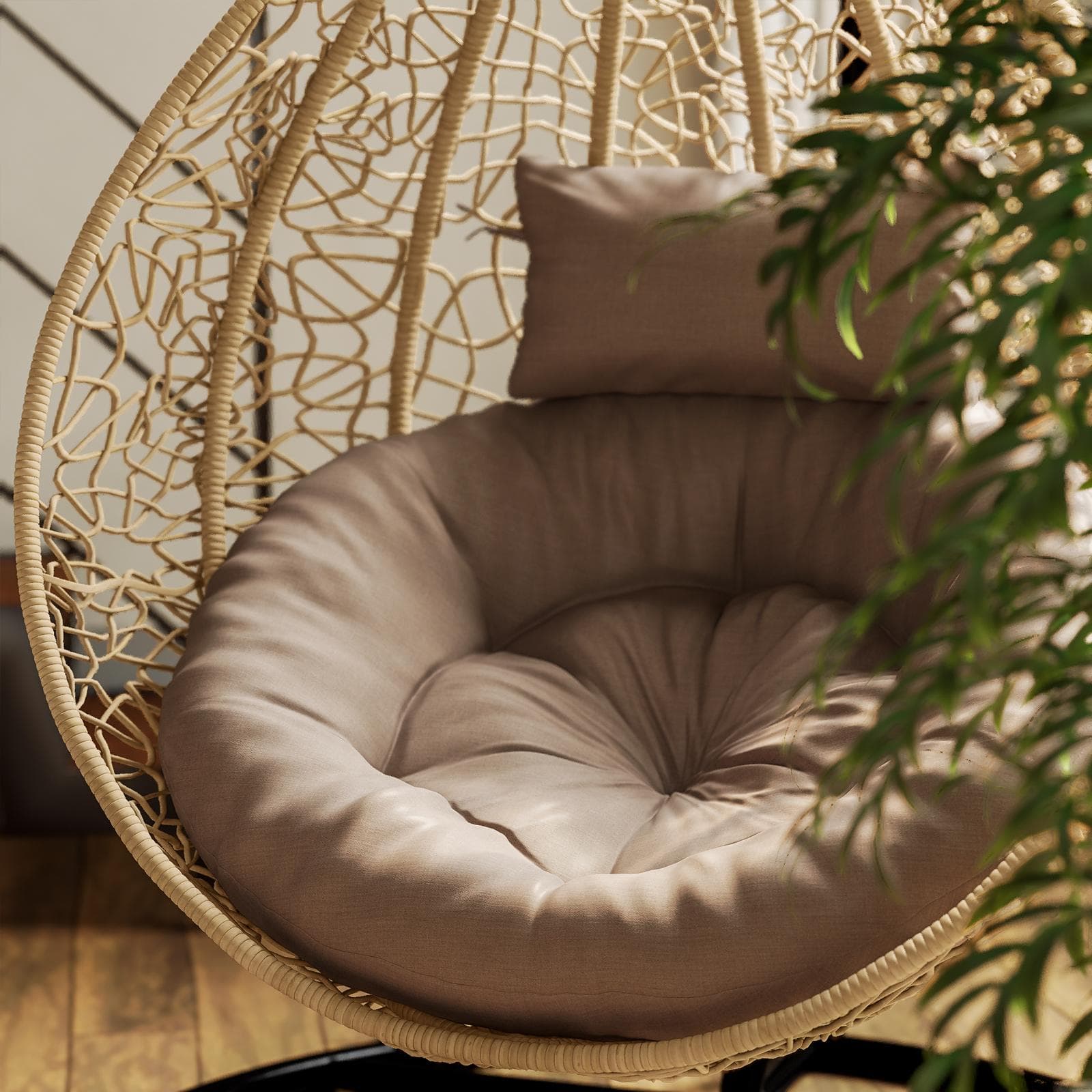 Poltrona sospesa in polyrattan nocciola con cuscino marrone e supporto - Orba