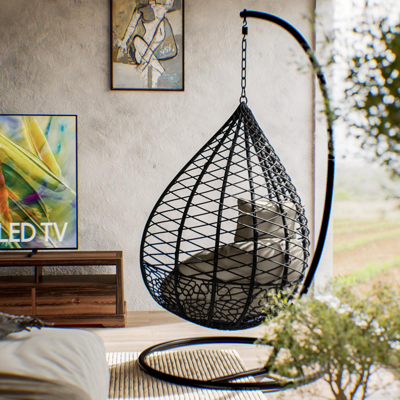 Poltrona sospesa in polyrattan nero con cuscino e supporto - Bouvet