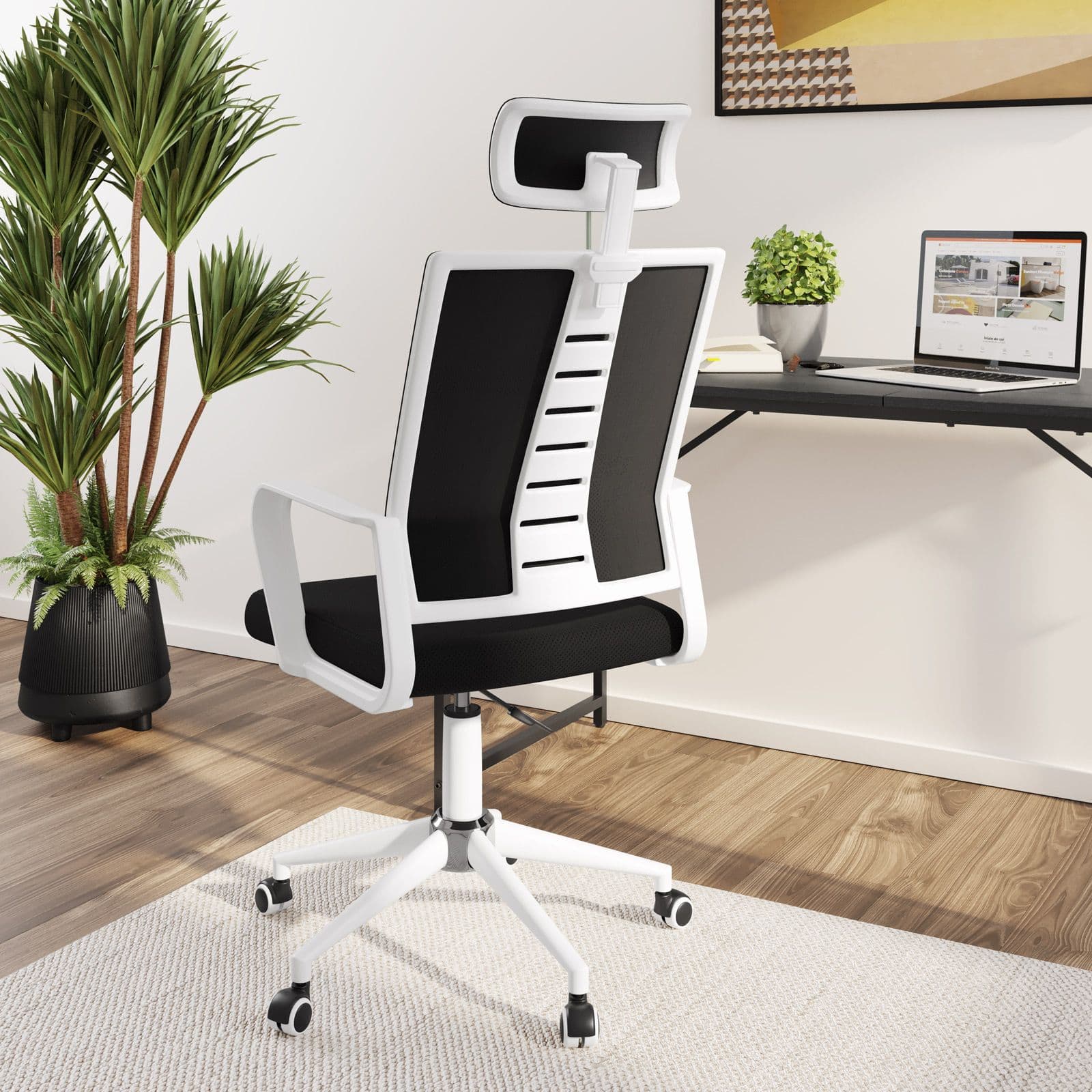 Poltrona da ufficio girevole in tessuto nero con supporto ergonomico bianco - Australe