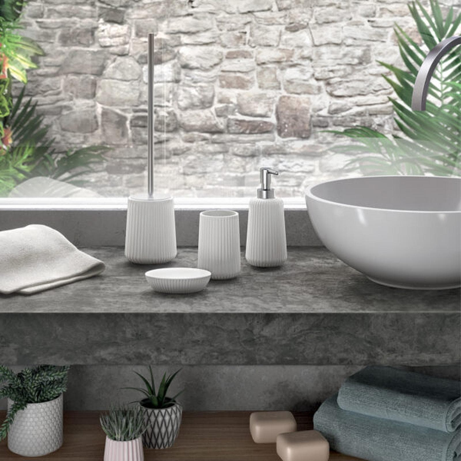 Portascopino d'appoggio in ceramica bianco rigato - Marika di Gedy