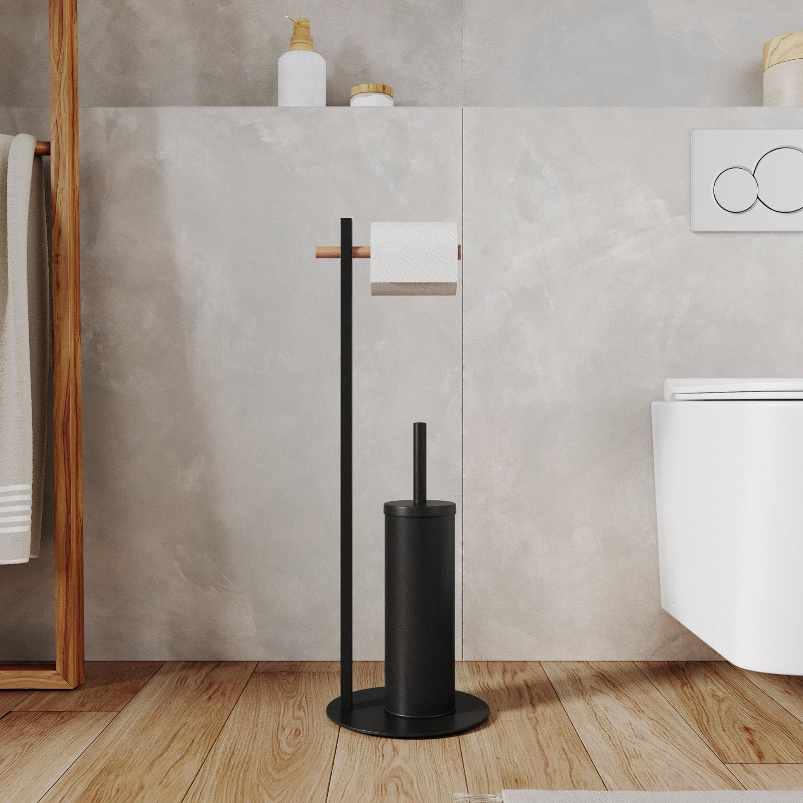 Piantana portarotolo e portascopino in acciaio inox nero e bambù naturale - Linky
