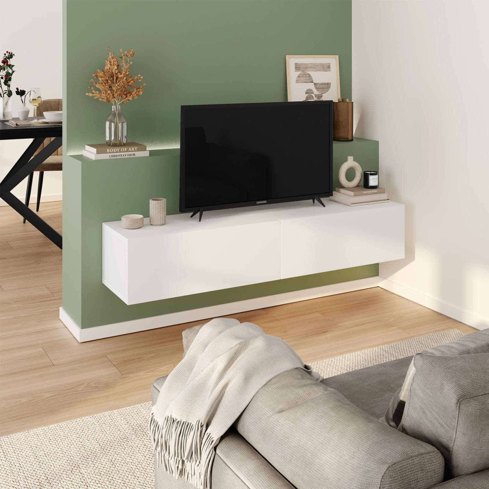 Porta tv sospeso 135x25h cm bianco opaco con 2 ante - Betka