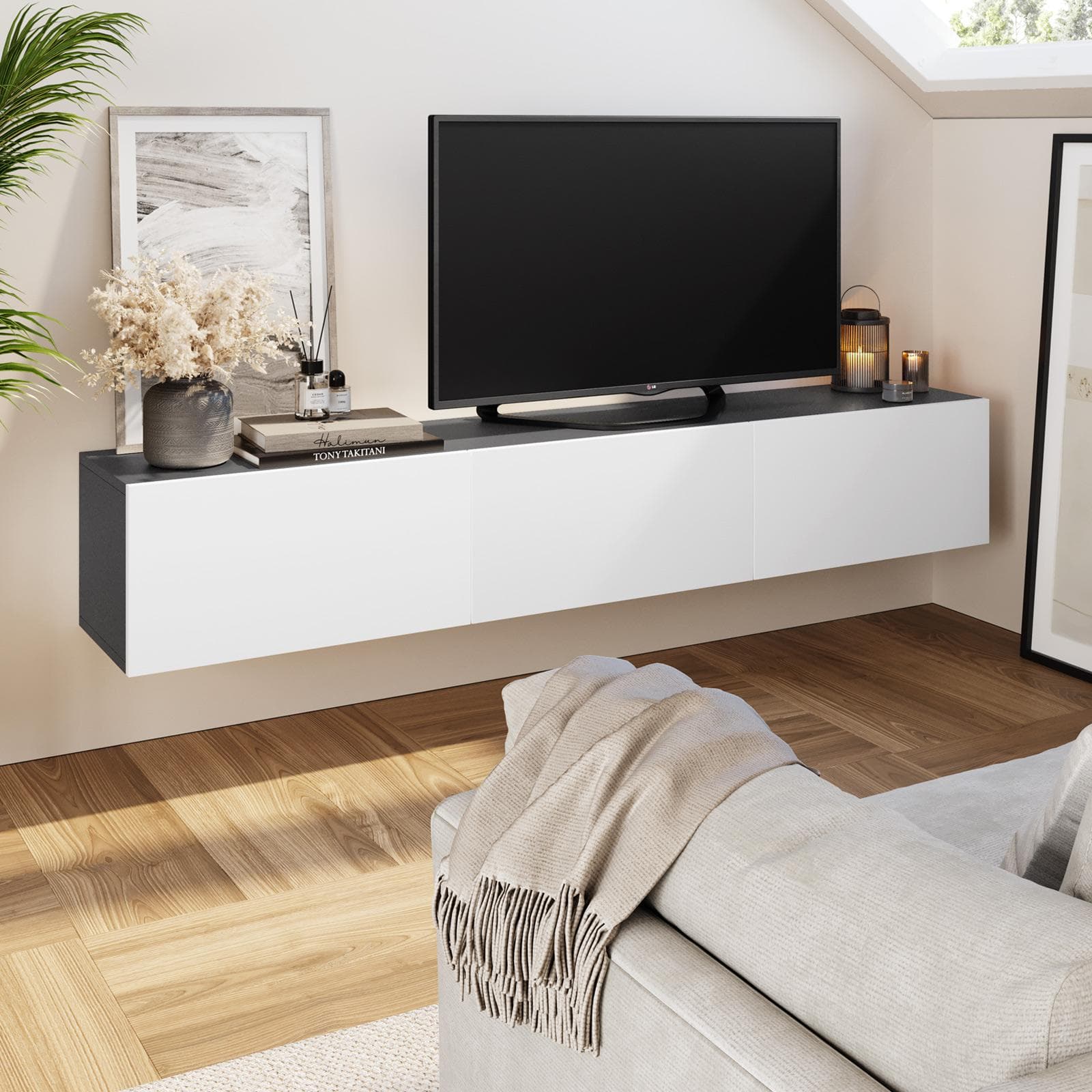 Porta tv sospeso 180x30h cm antracite con 3 ante bianco opaco - Betka