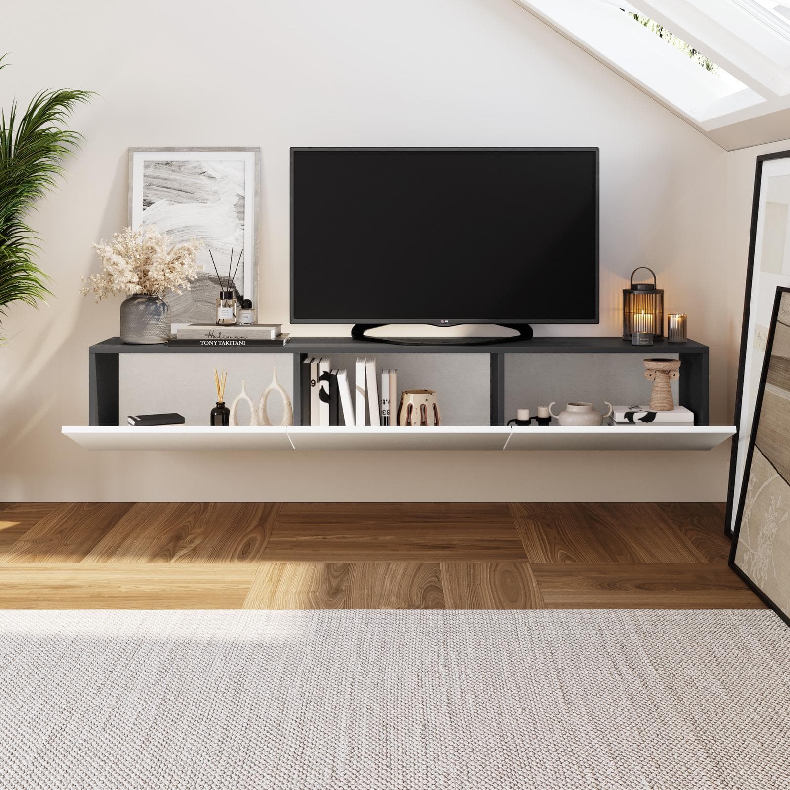 Porta tv sospeso 180x30h cm antracite con 3 ante bianco opaco - Betka