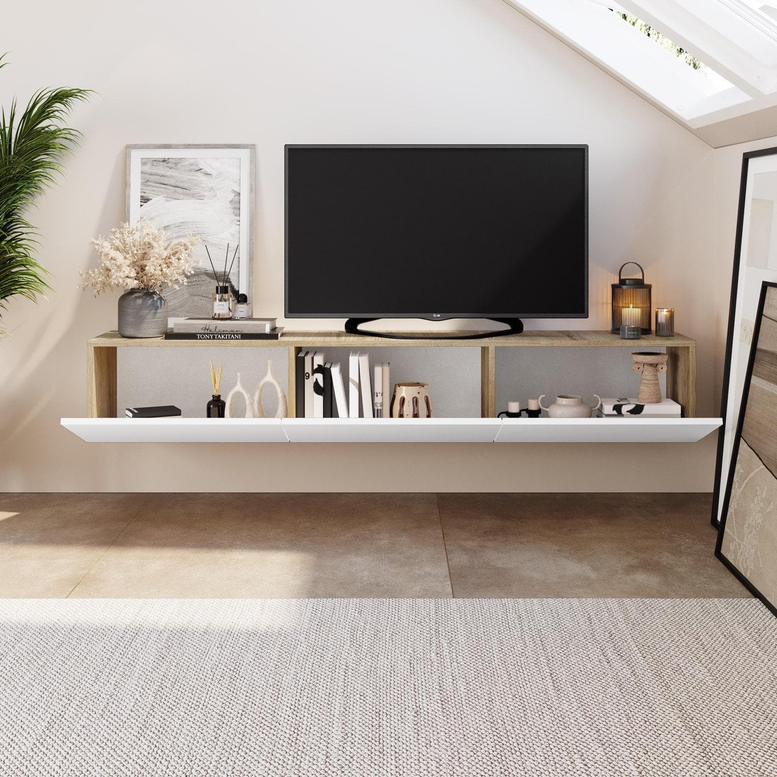Porta tv sospeso 180x30h cm effetto rovere con 3 ante bianco opaco - Betka